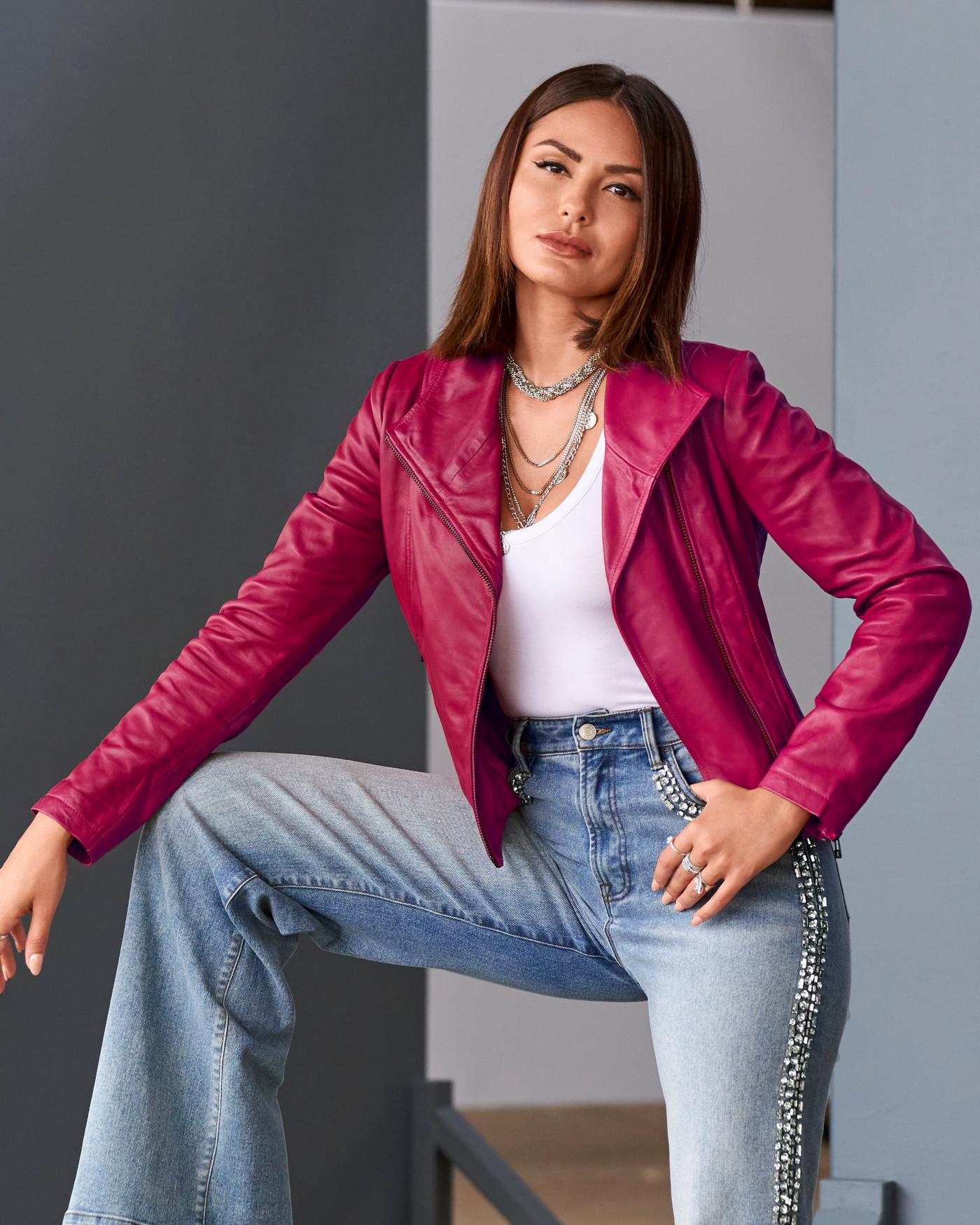 Fuchsia pink outlet leather jacket