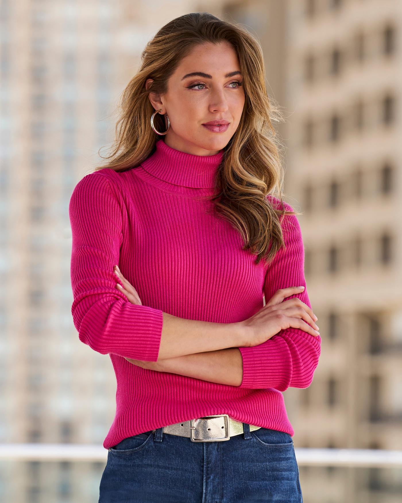 Ribbed Turtleneck Sweater - Pink Peacock