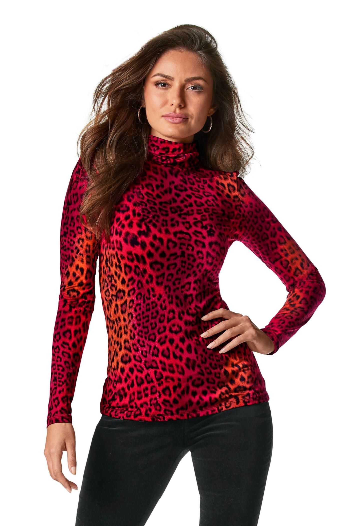 Leopard Mesh Turtleneck Top - Multicolor