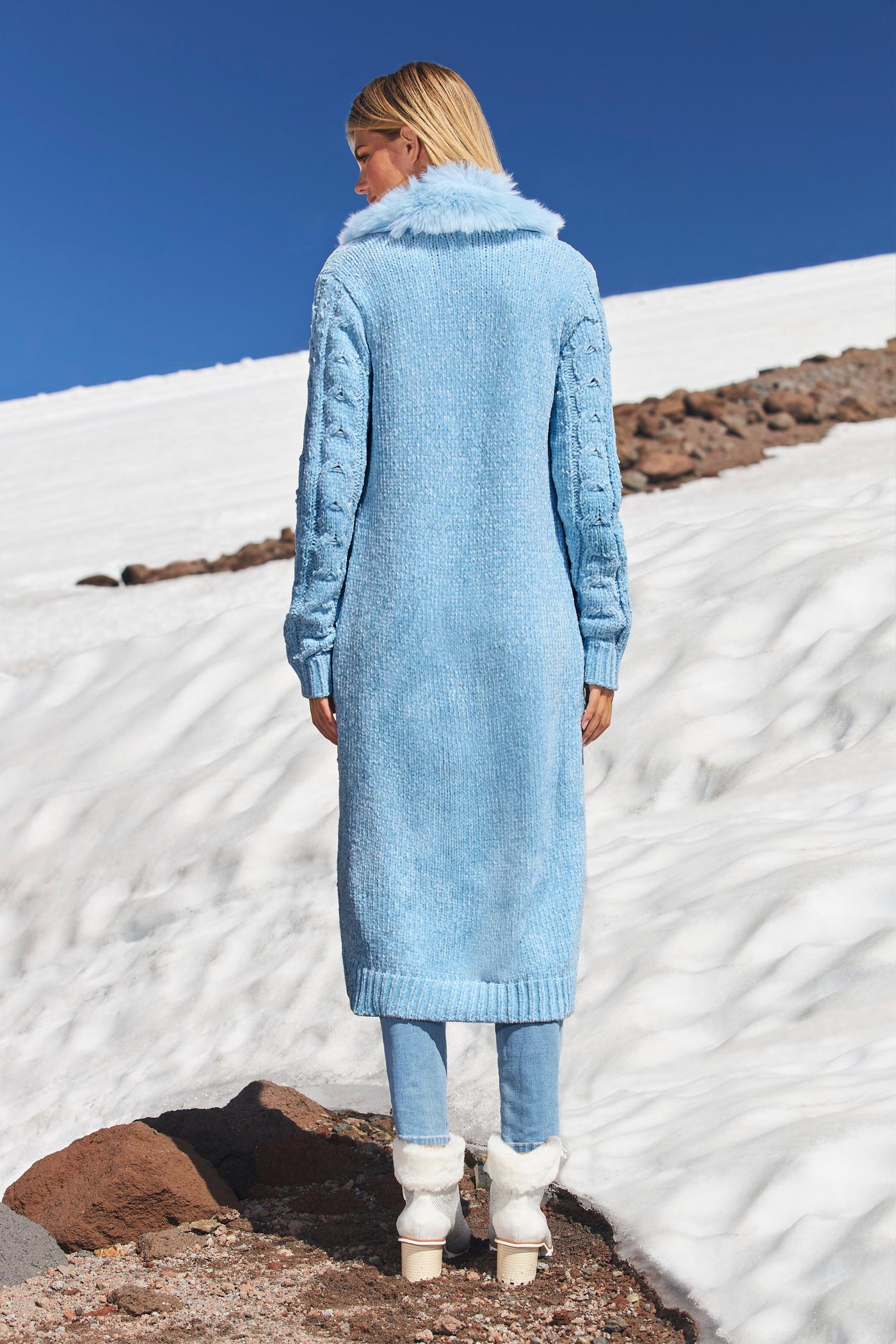 Faux Fur Chenille Duster Sweater Cool Blue