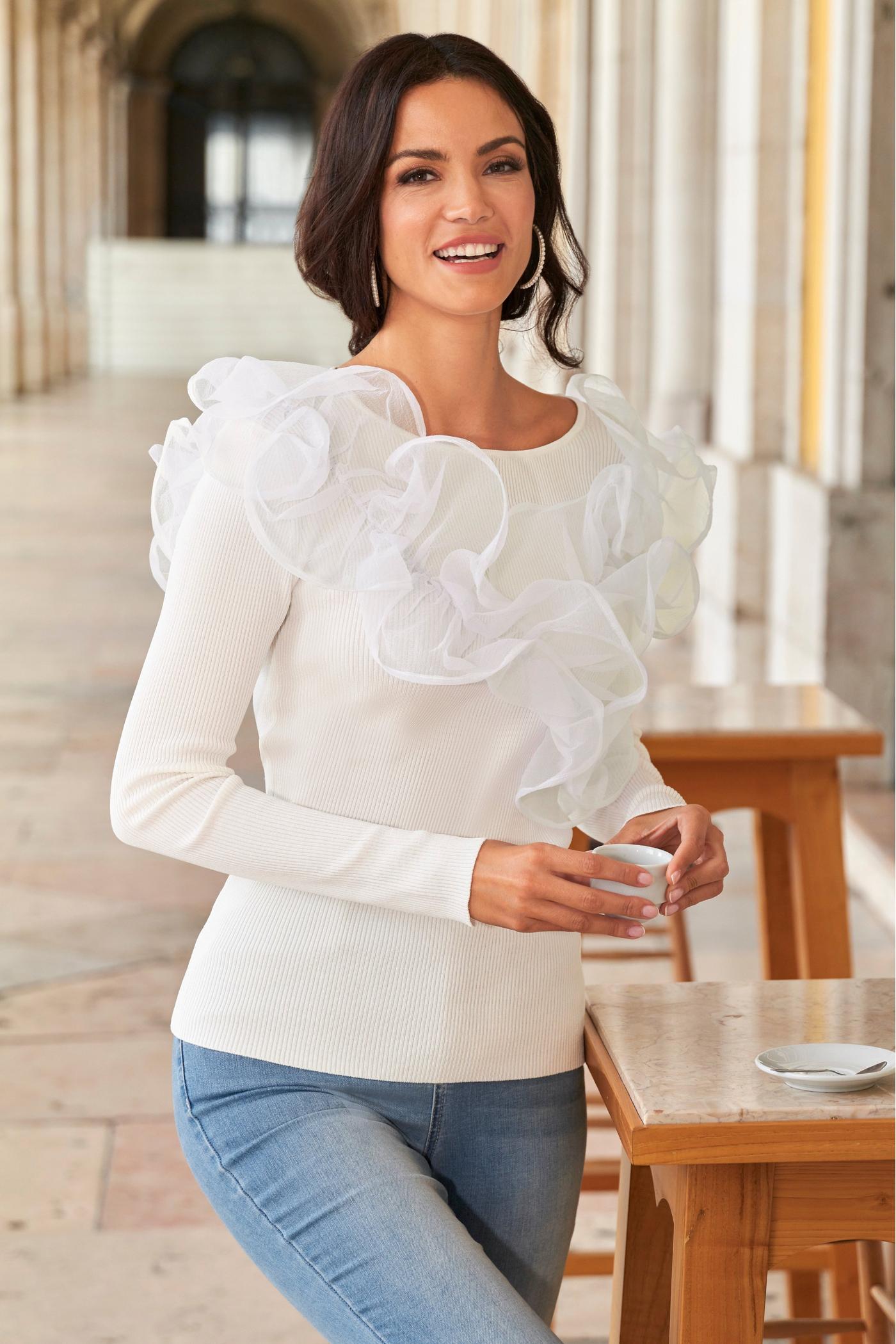 Organza Pearl Embellished Trim Victoria Drama Sleeve Shirt - White