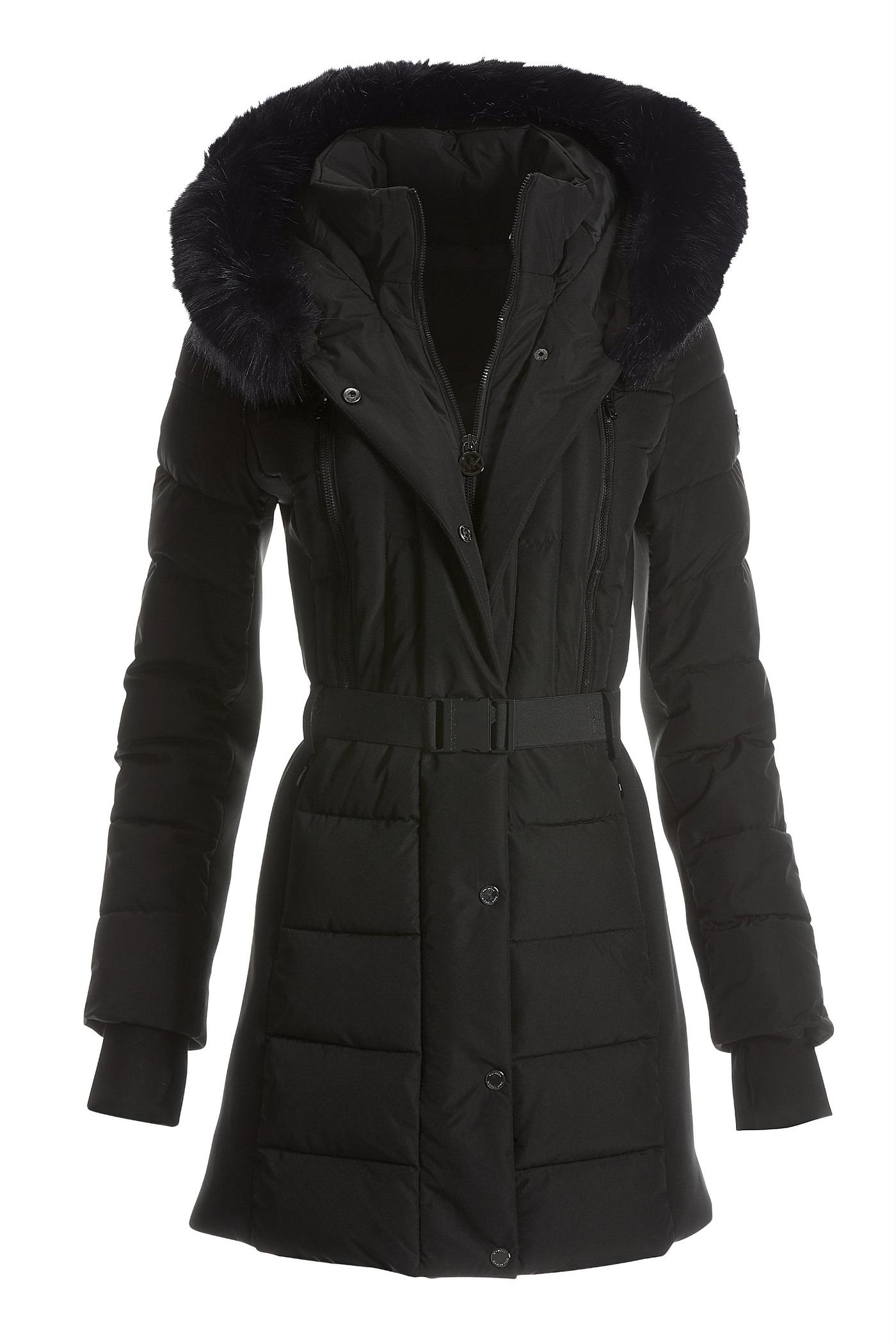 Belted Faux Fur Trim Puffer Jacket Black