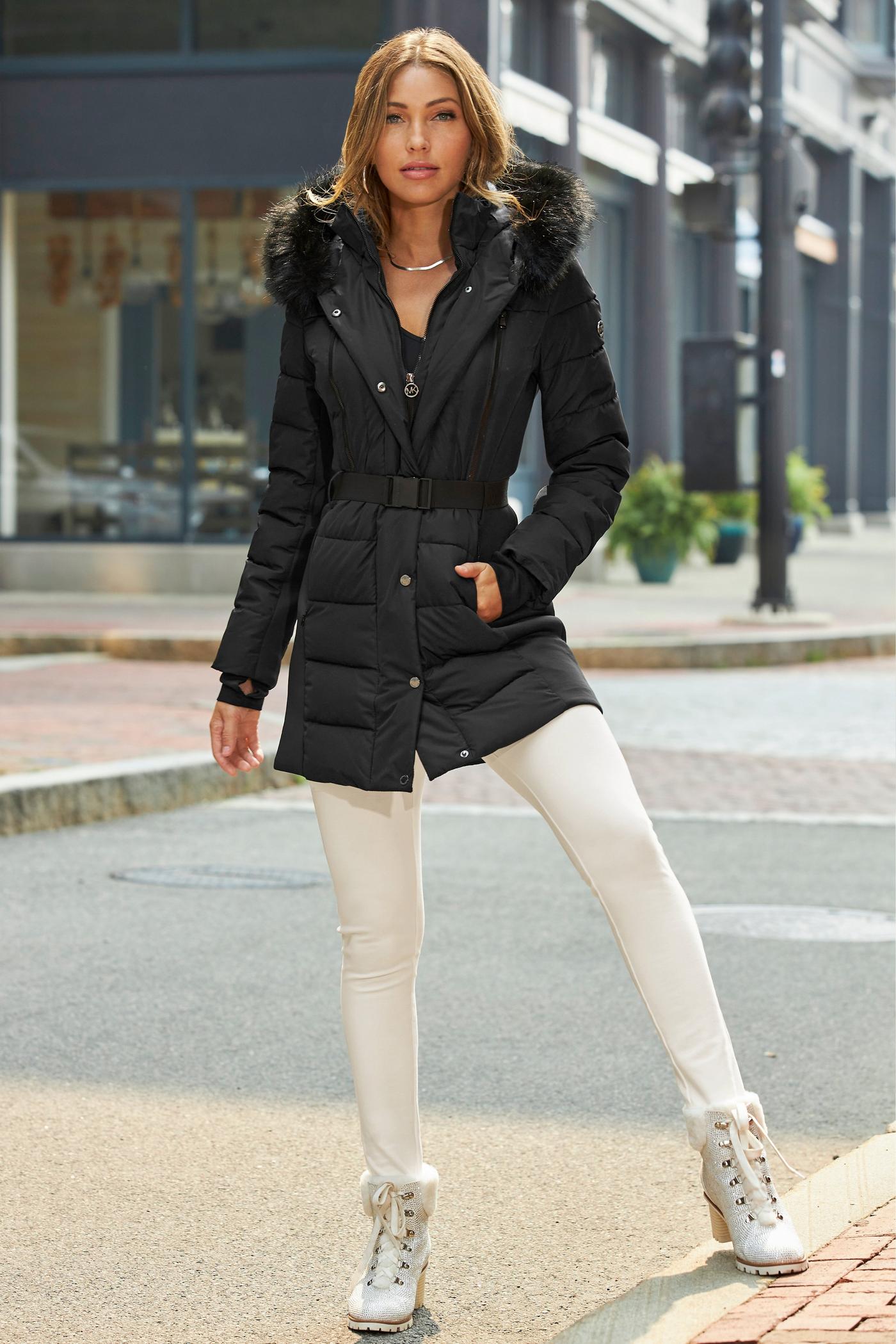 Belted shops fur puffer coat