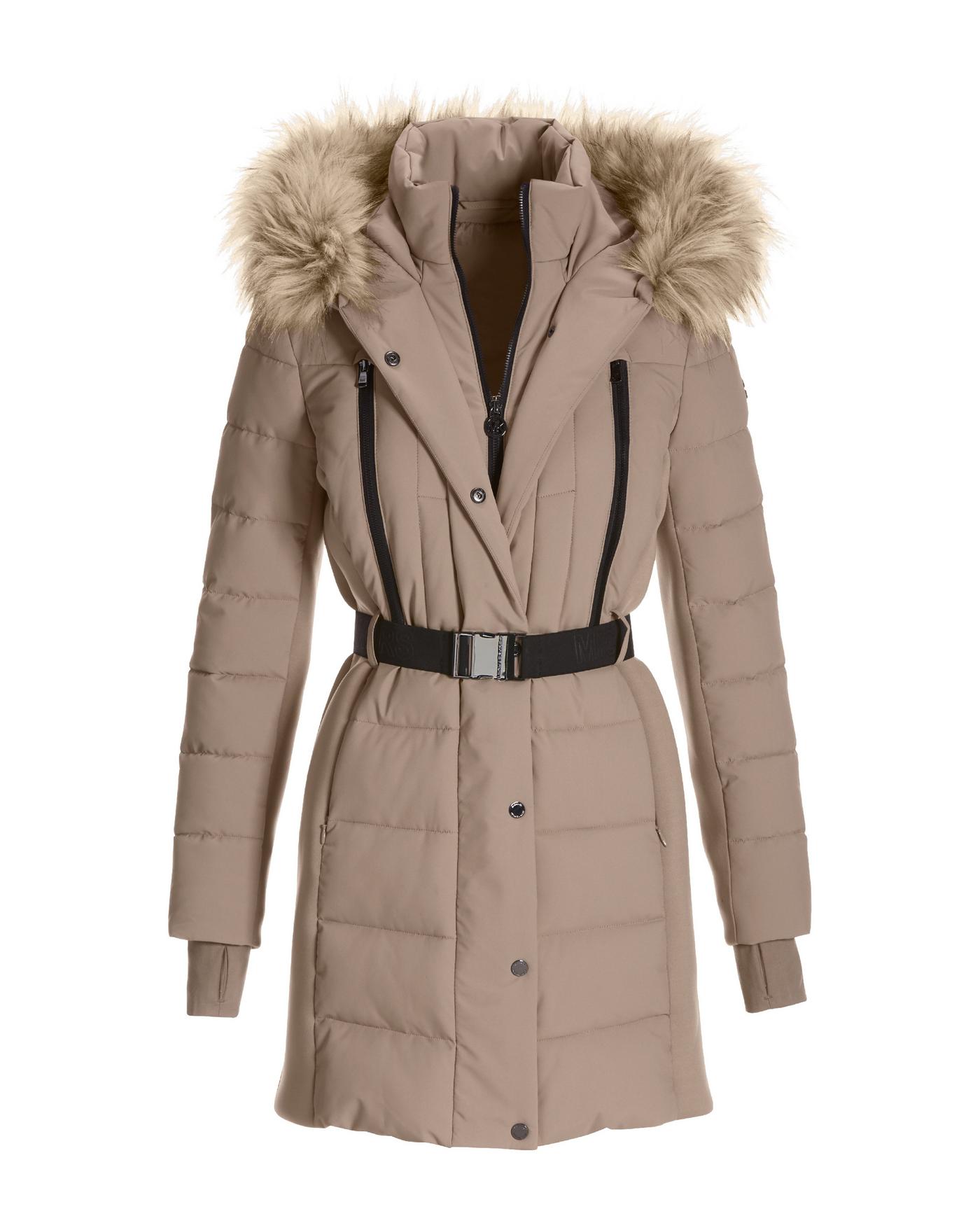 Belted Faux Fur Trim Puffer Jacket - Taupe