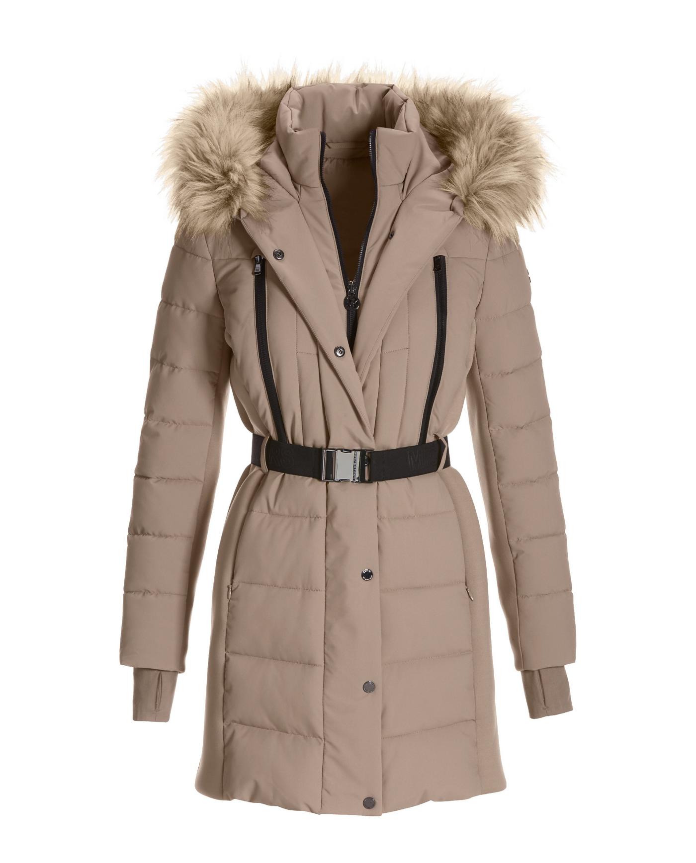 Belted Faux Fur Trim Puffer Jacket Taupe