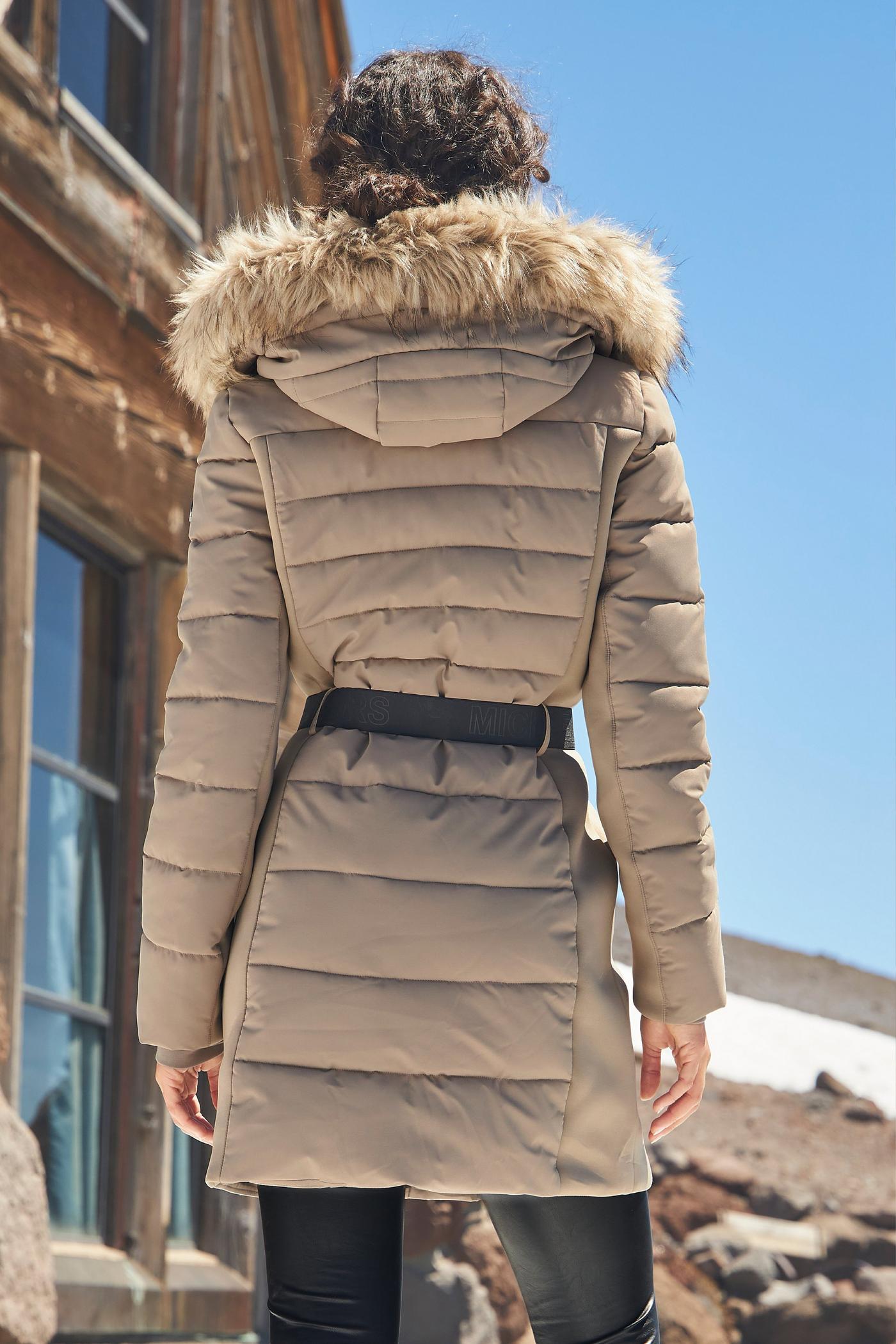 Belted Faux Fur Trim Puffer Jacket Taupe