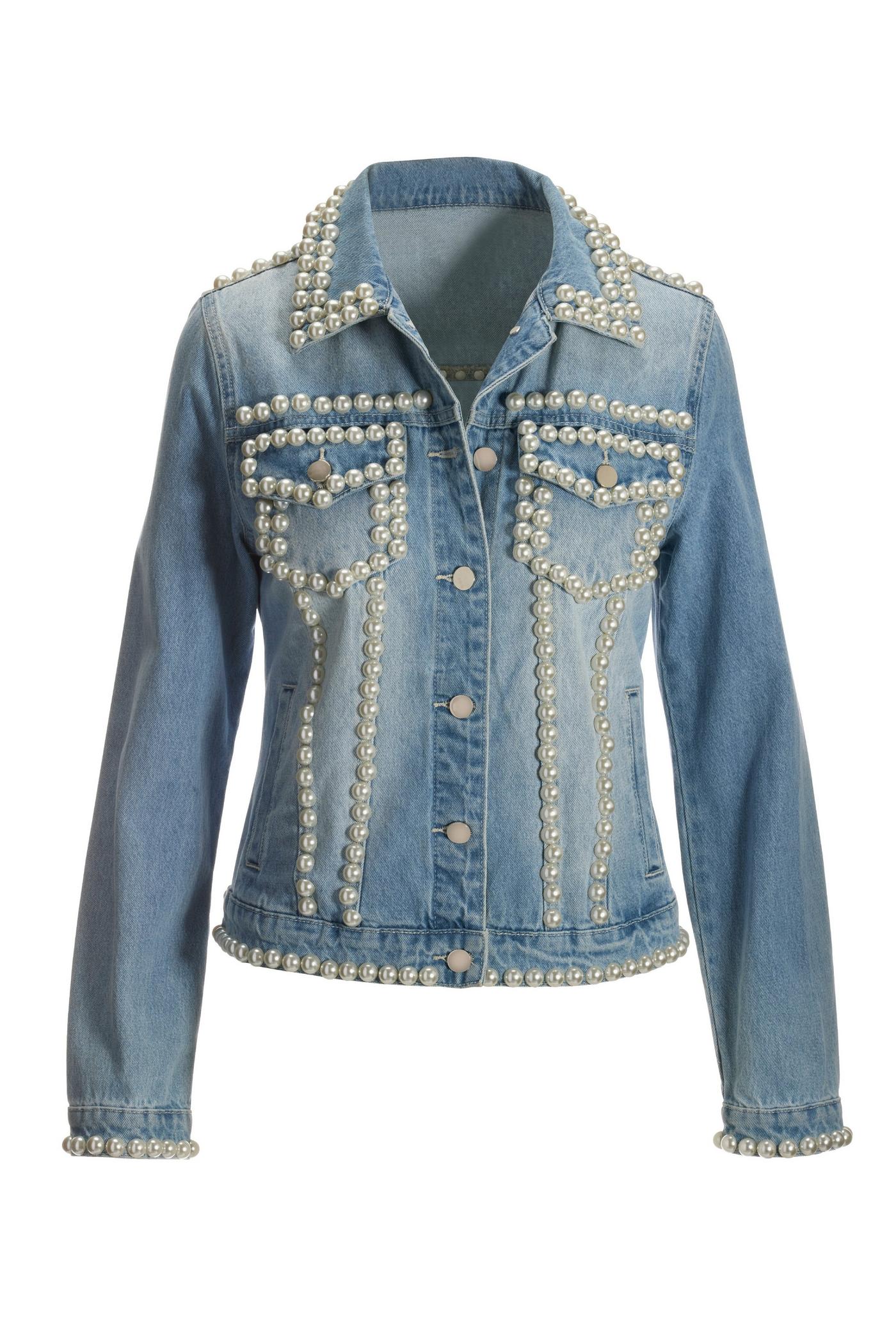 Pearl Embellished Denim Jacket Medium Wash