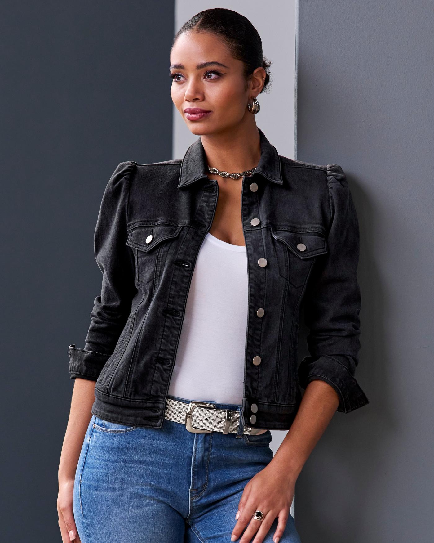 Black puff shoulder store denim jacket