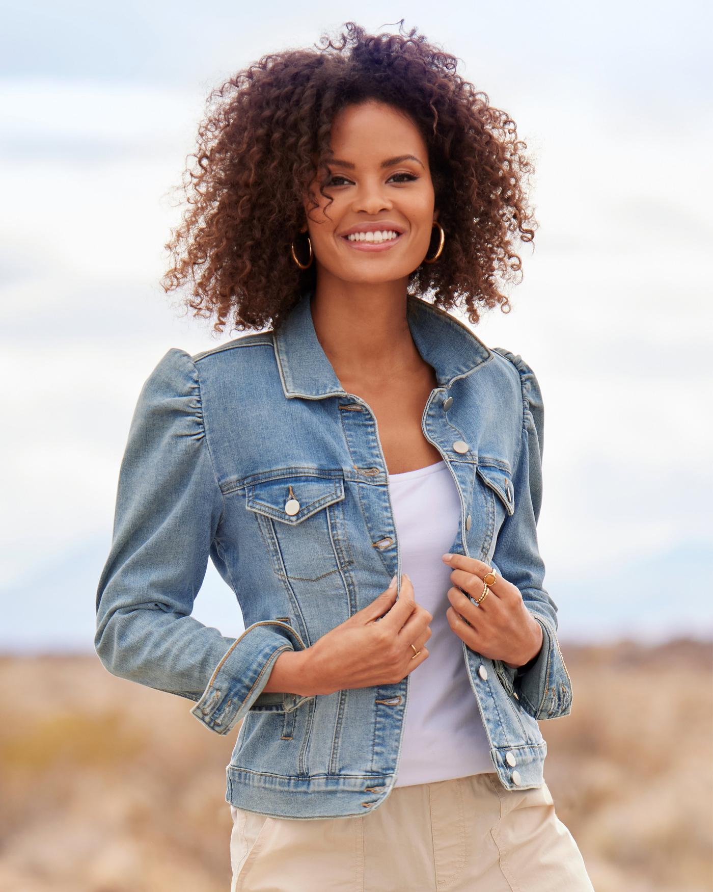 Jean jacket outlet with puff sleeves