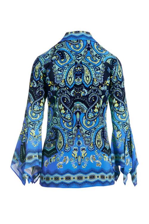 Border Print Flare Sleeve Shirt Blue - Blue / XXS
