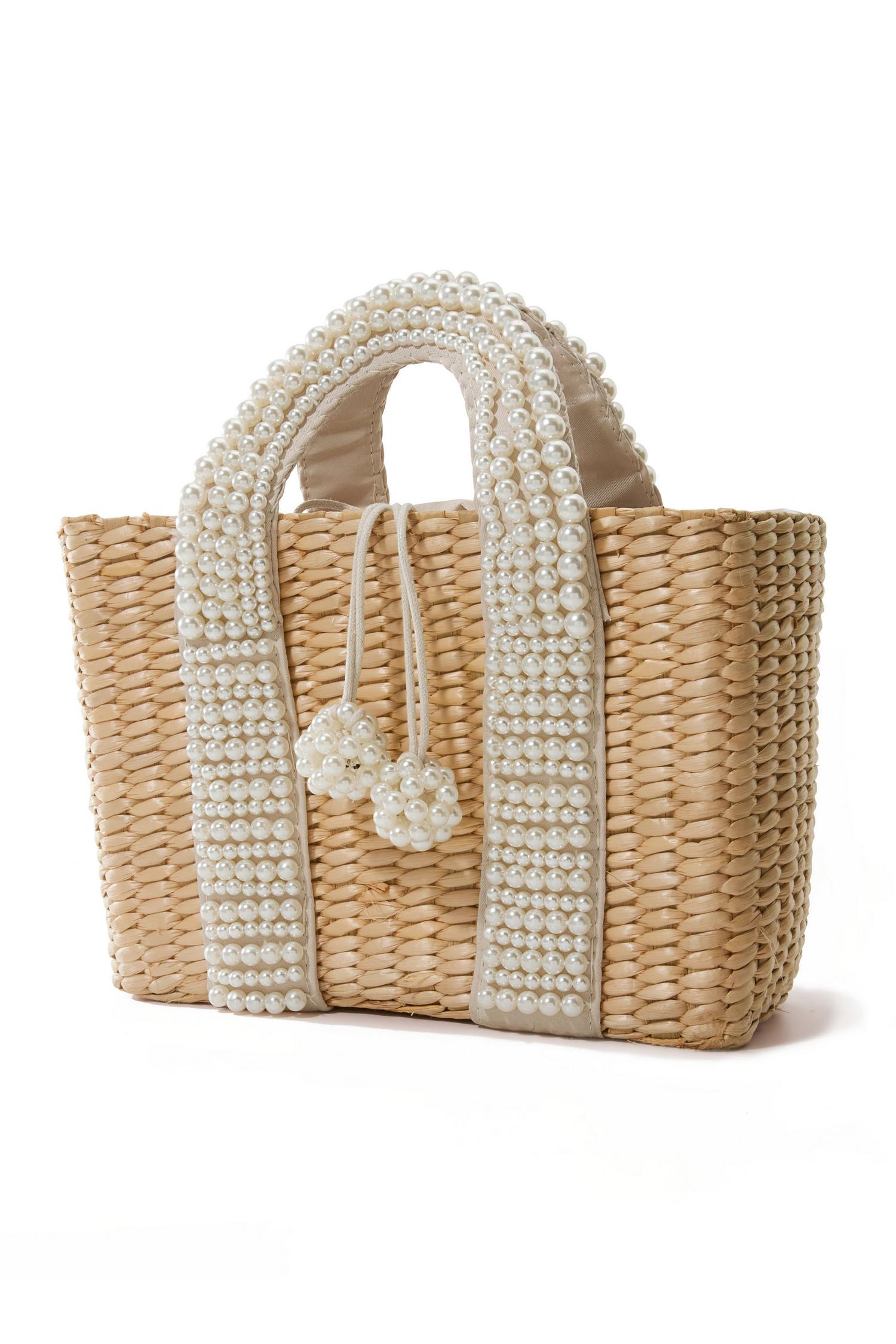 Straw Shoulder Handbag Pearls Handle Bag 