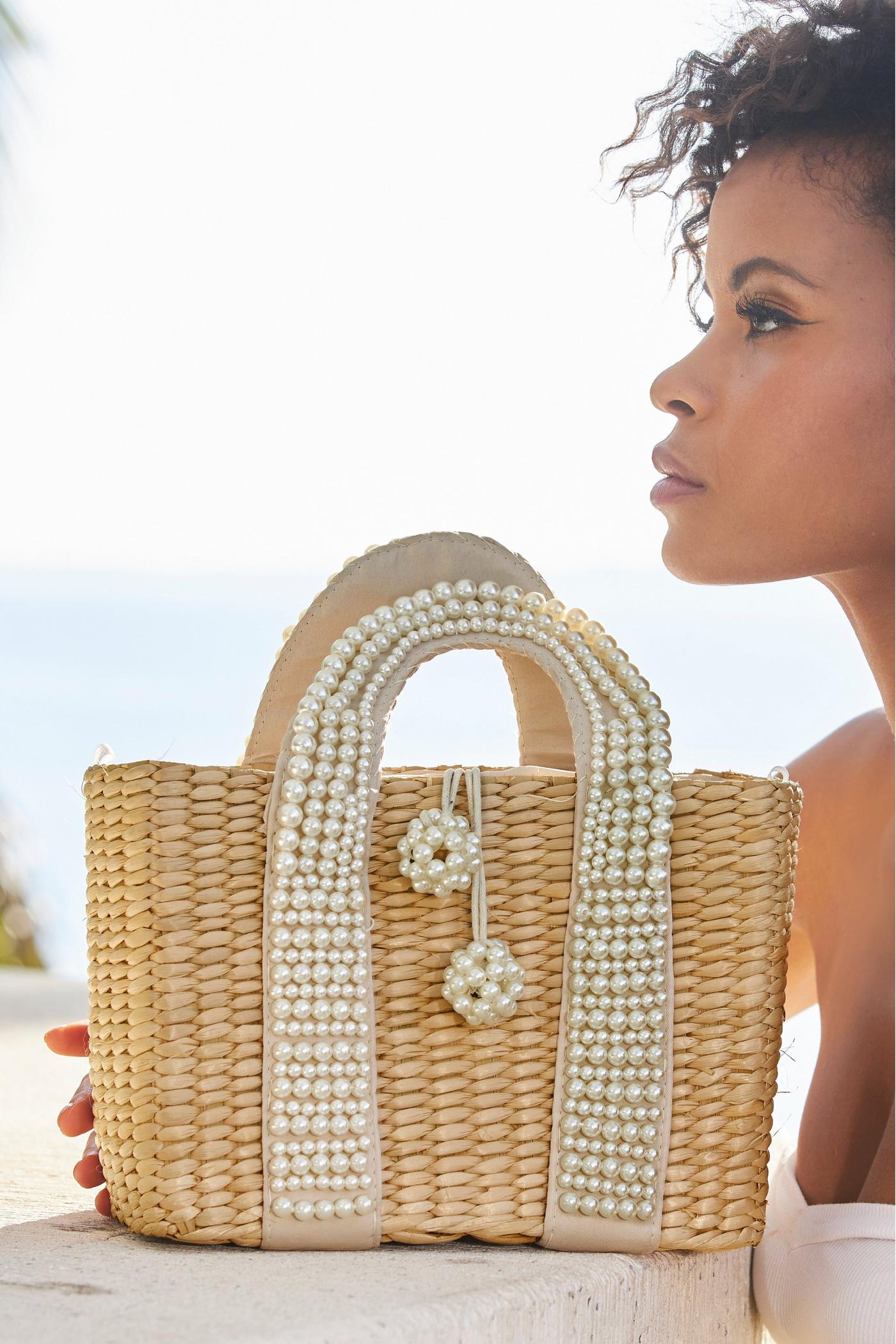 Pearl Embellished Straw Bag Natural