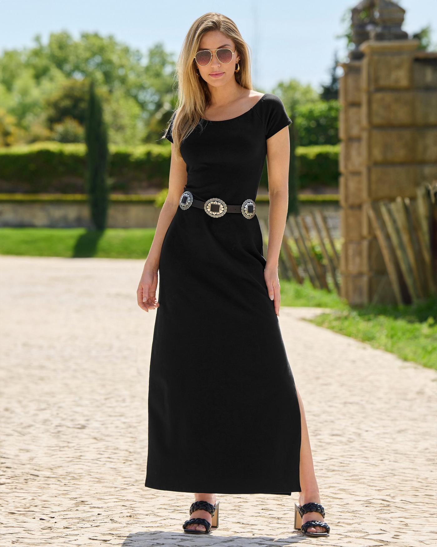 Off The Shoulder Short Sleeve Maxi Dress Black Boston Proper