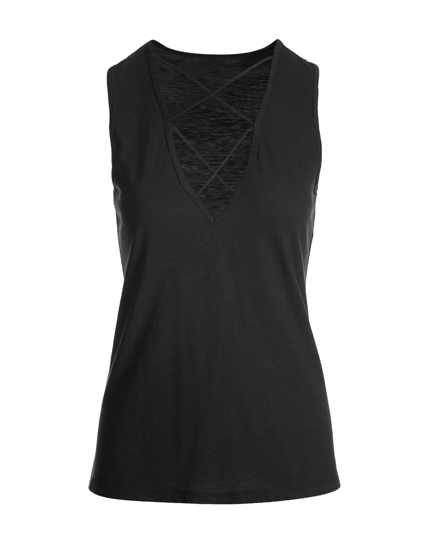 Plunging X Neck Slub Tank Top - Black