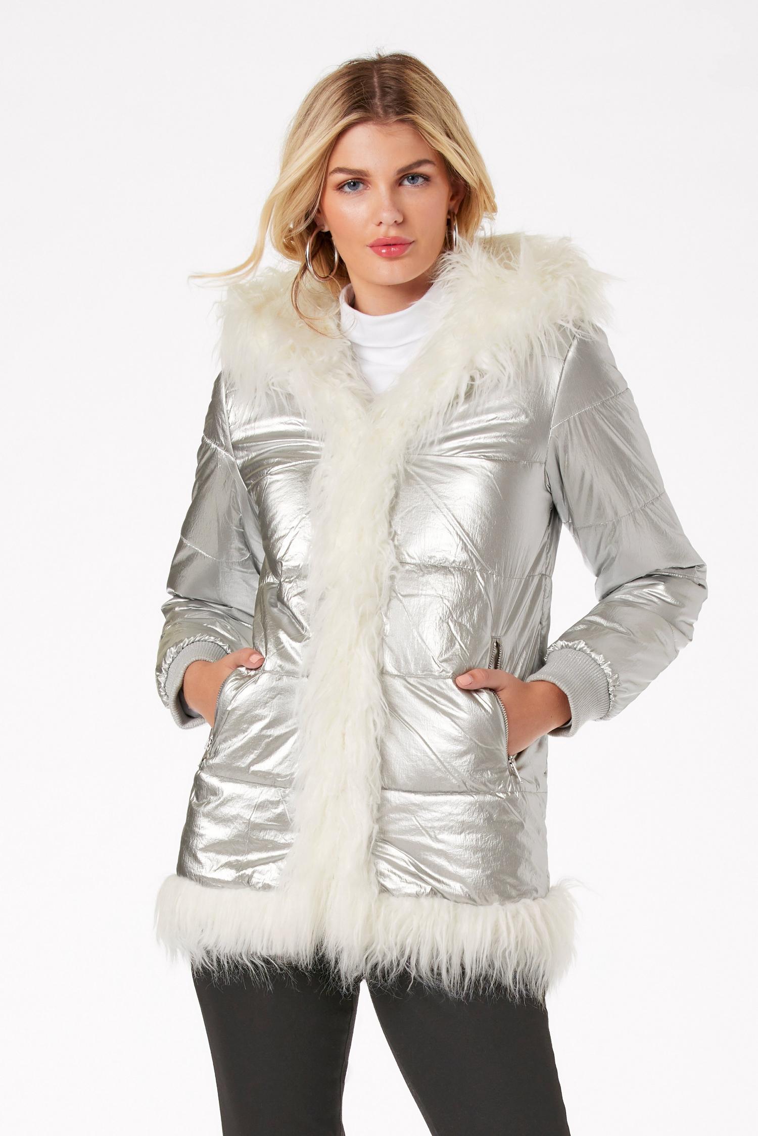 Silver Metallic Hooded Faux Fur-Trimmed Puffer Coat