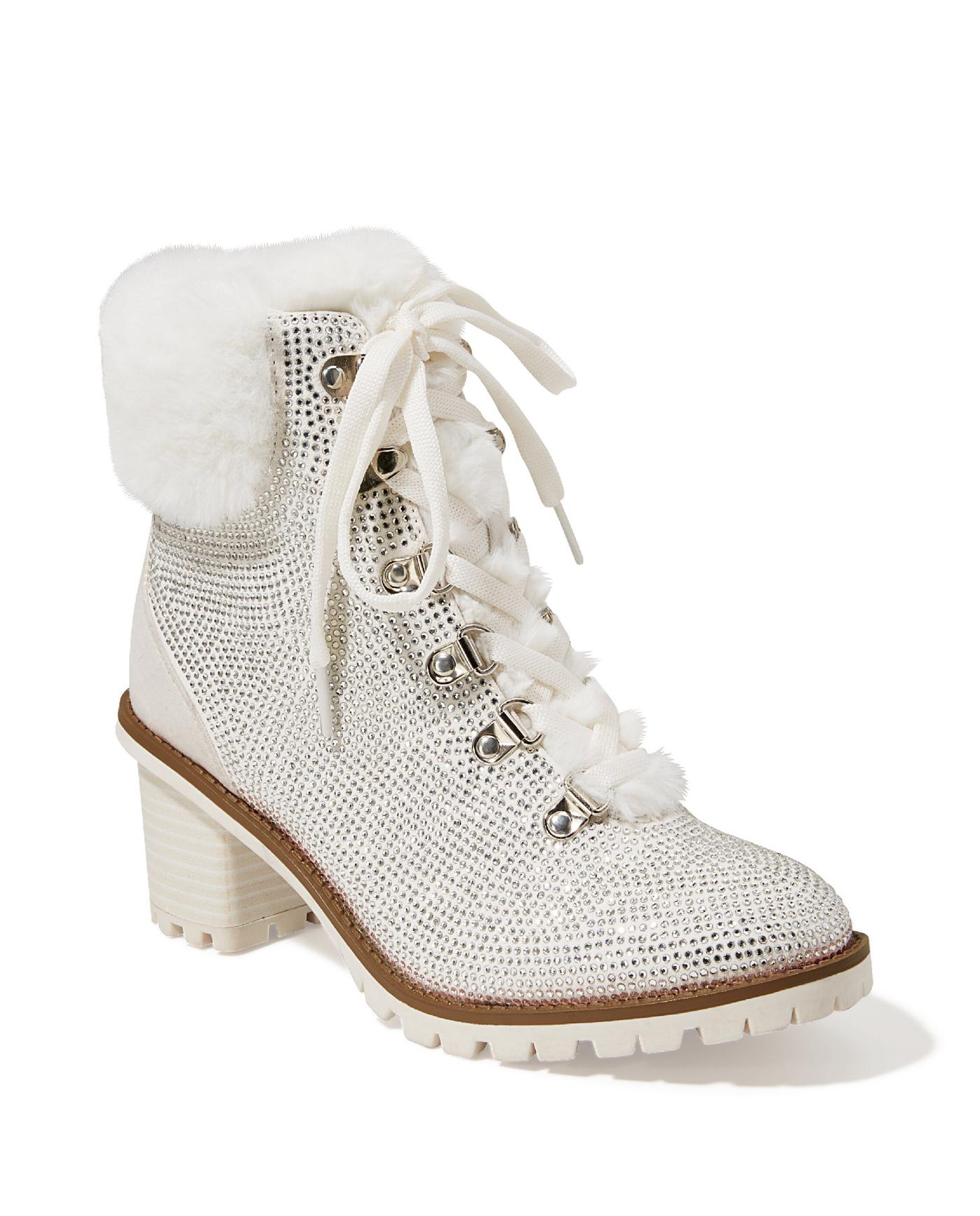 YRU Faux Fur Trim Quilted Platform Boots - White Patent