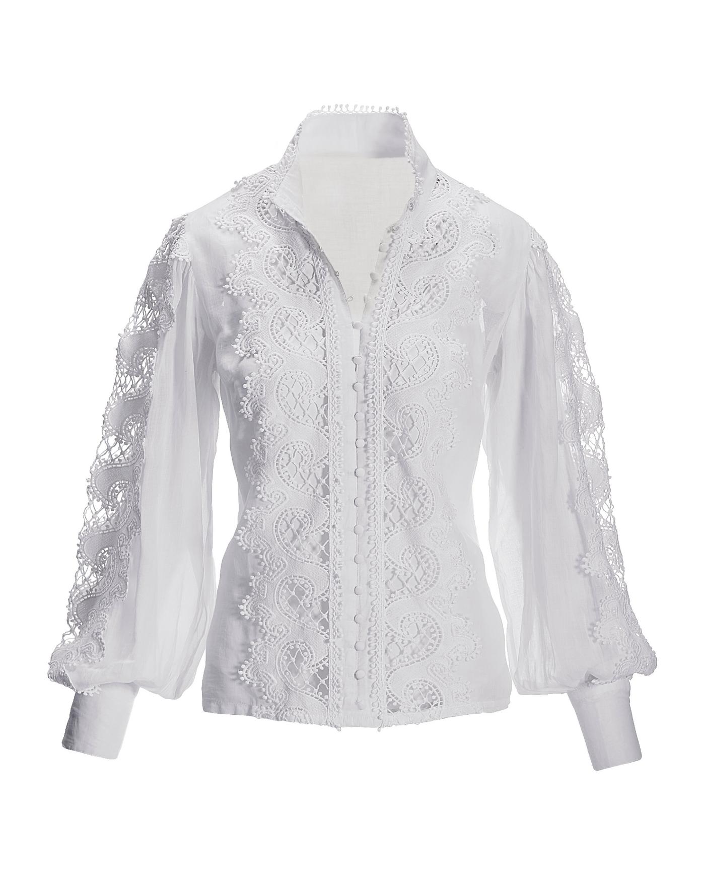 Lace Inset Drama Sleeve Shirt - White | Boston Proper
