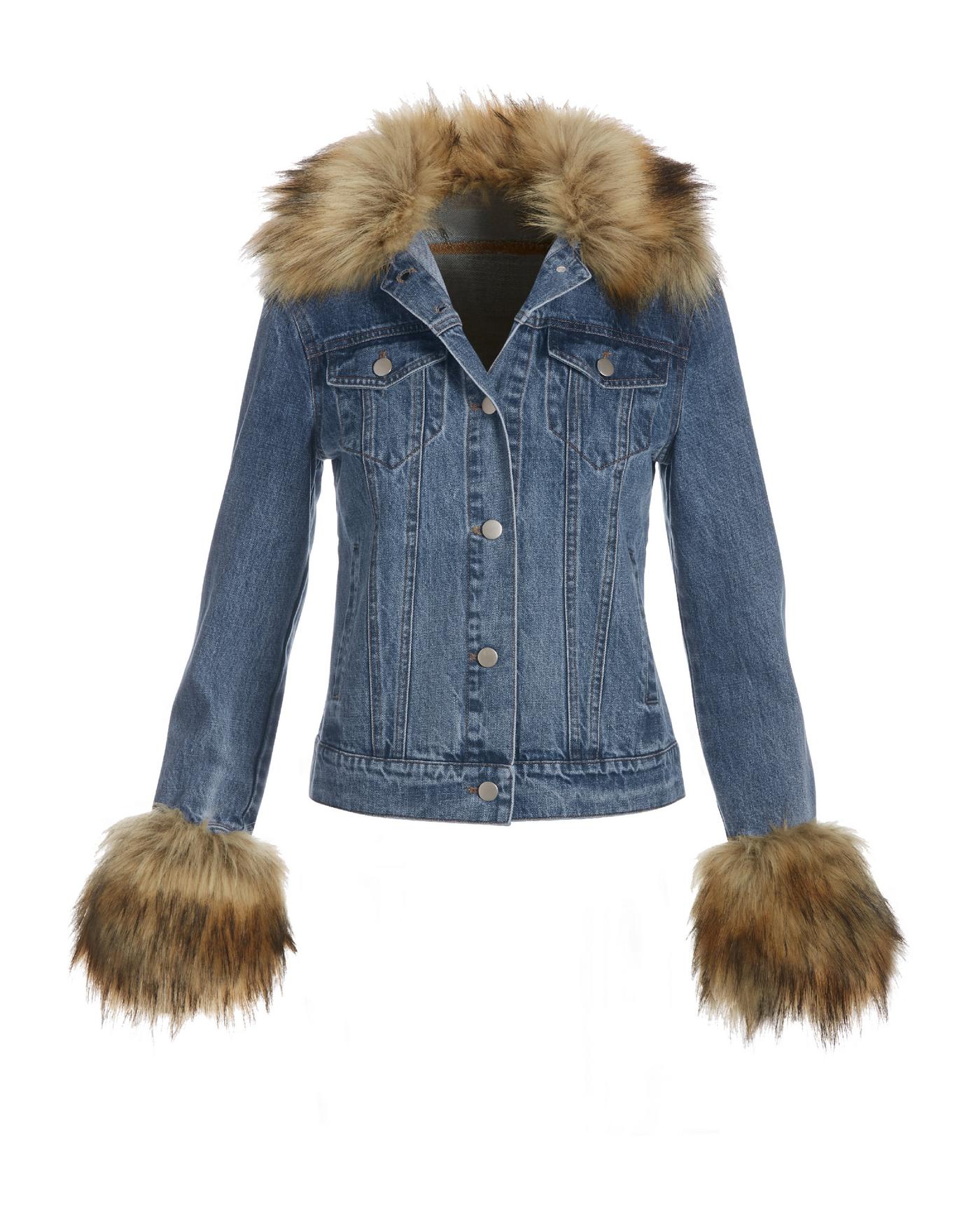 Blue jean jacket with faux fur best sale