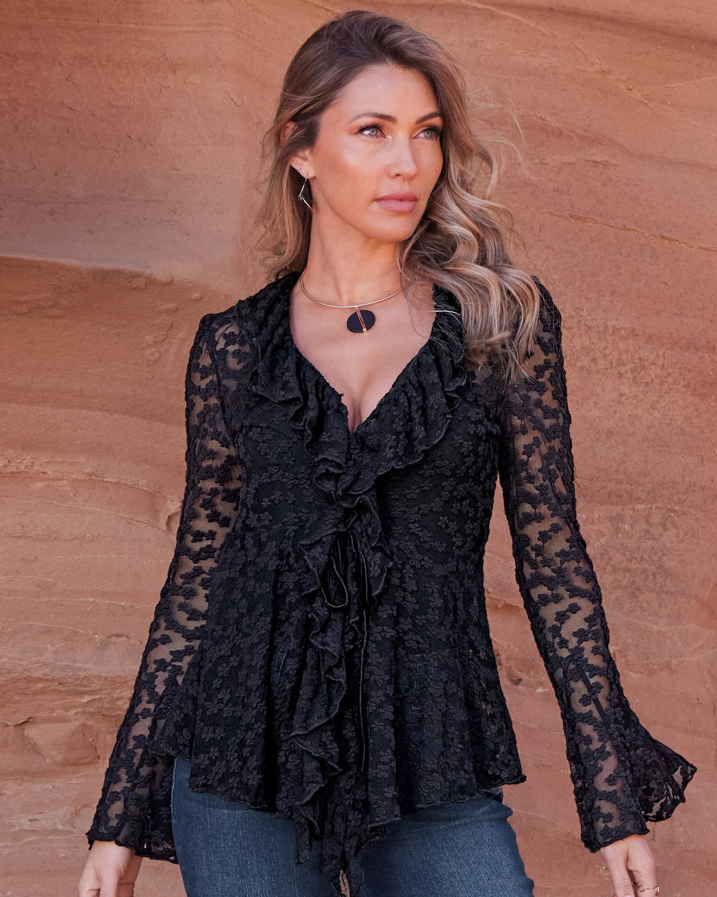 Lace Knit Ruffle Tunic Top - Black | Boston Proper