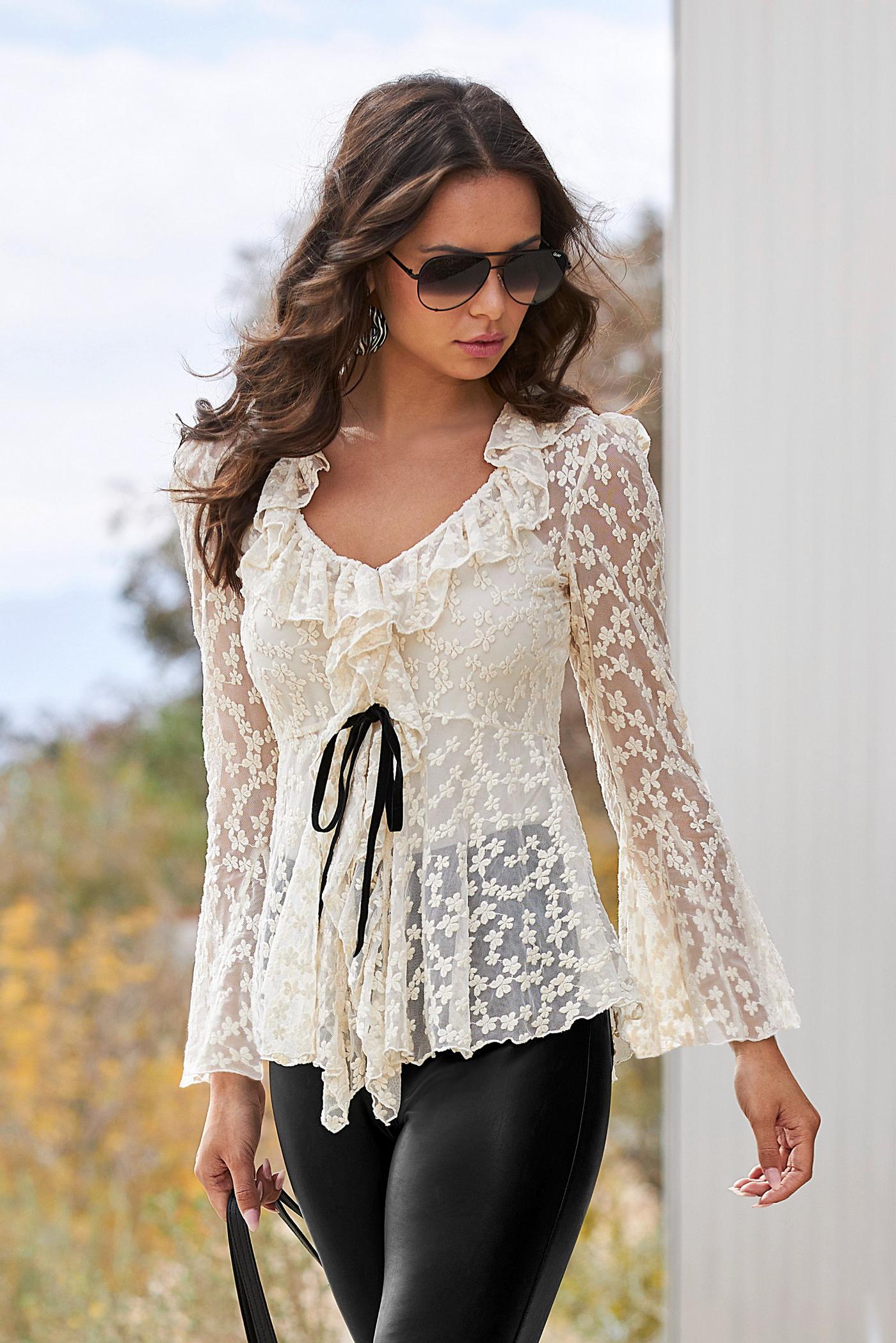 White lace outlet bell sleeve top