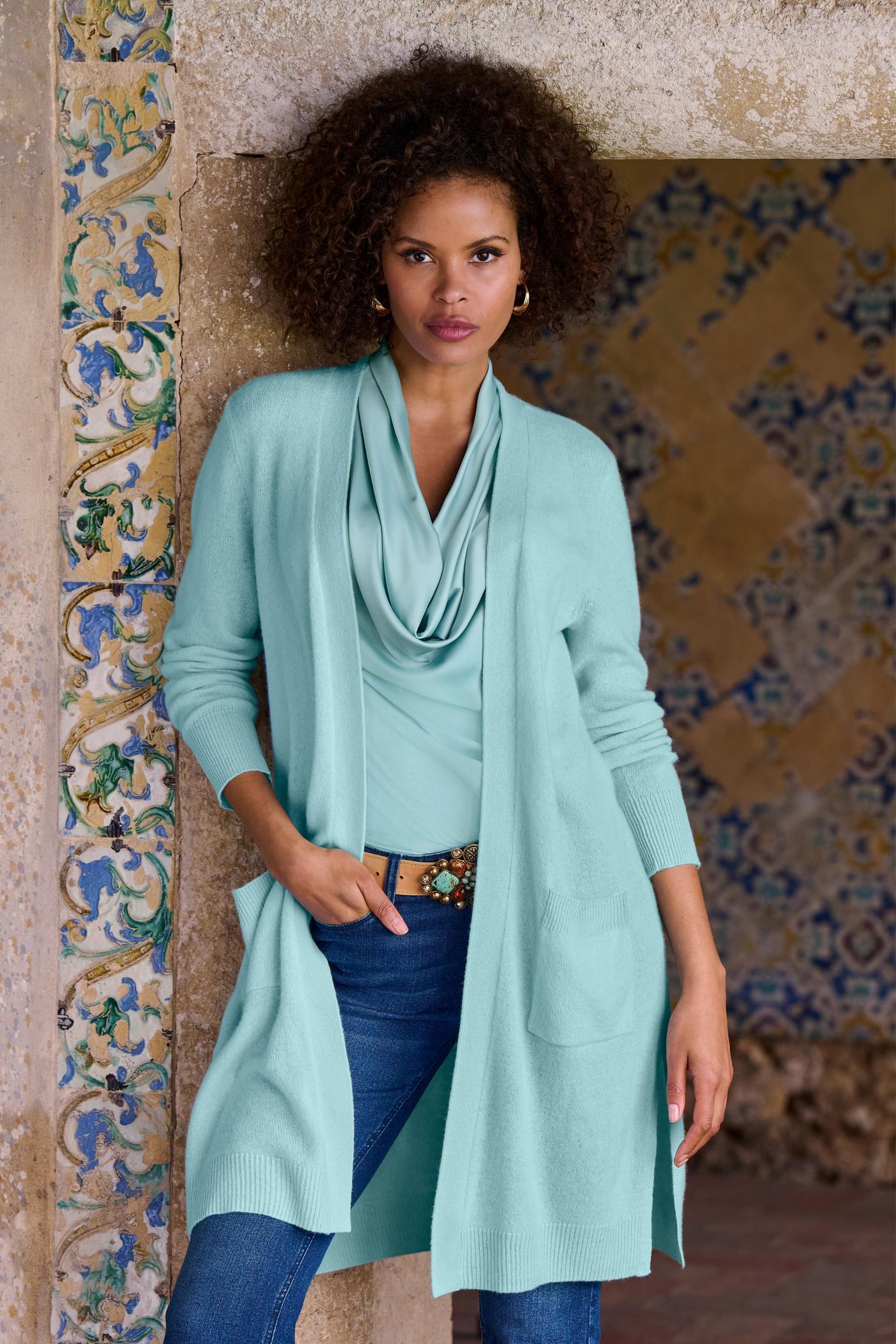 Cashmere Long Cardigan - Aqua | Boston Proper