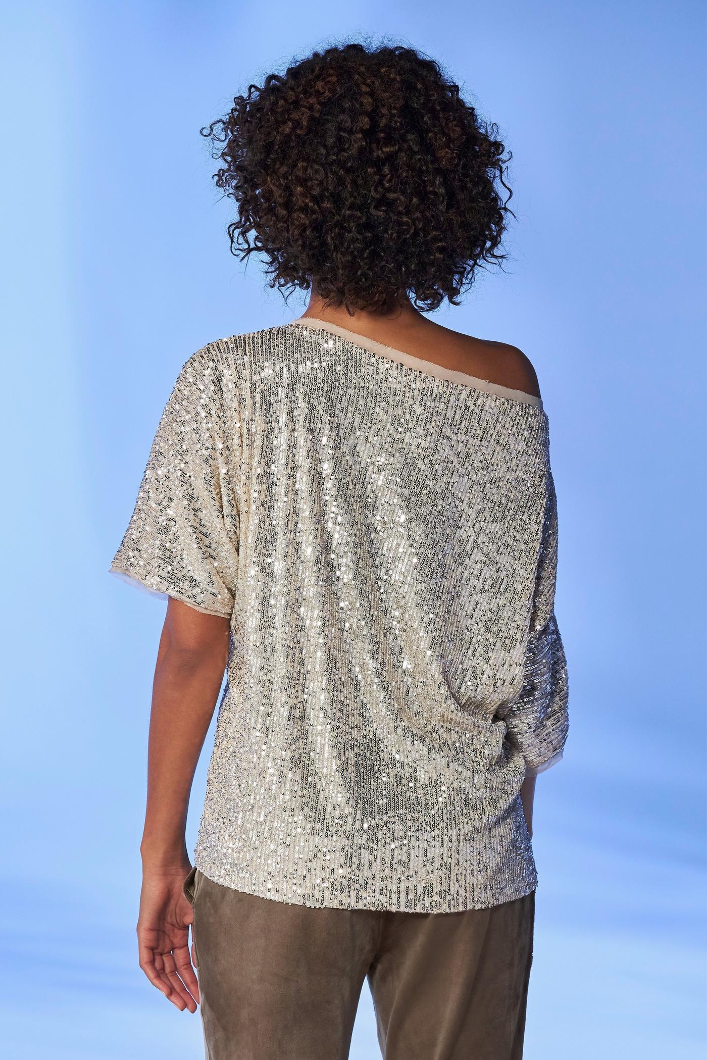 Slouchy Wide Cuff Sequin Knit Top Champagne