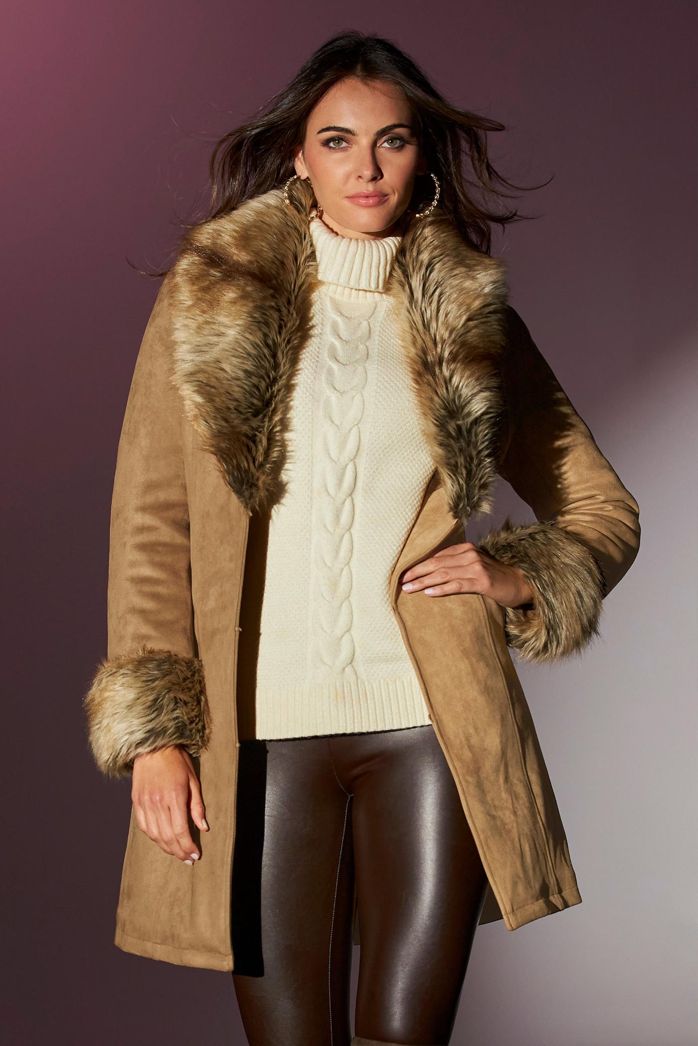 Camel faux store fur trim coat