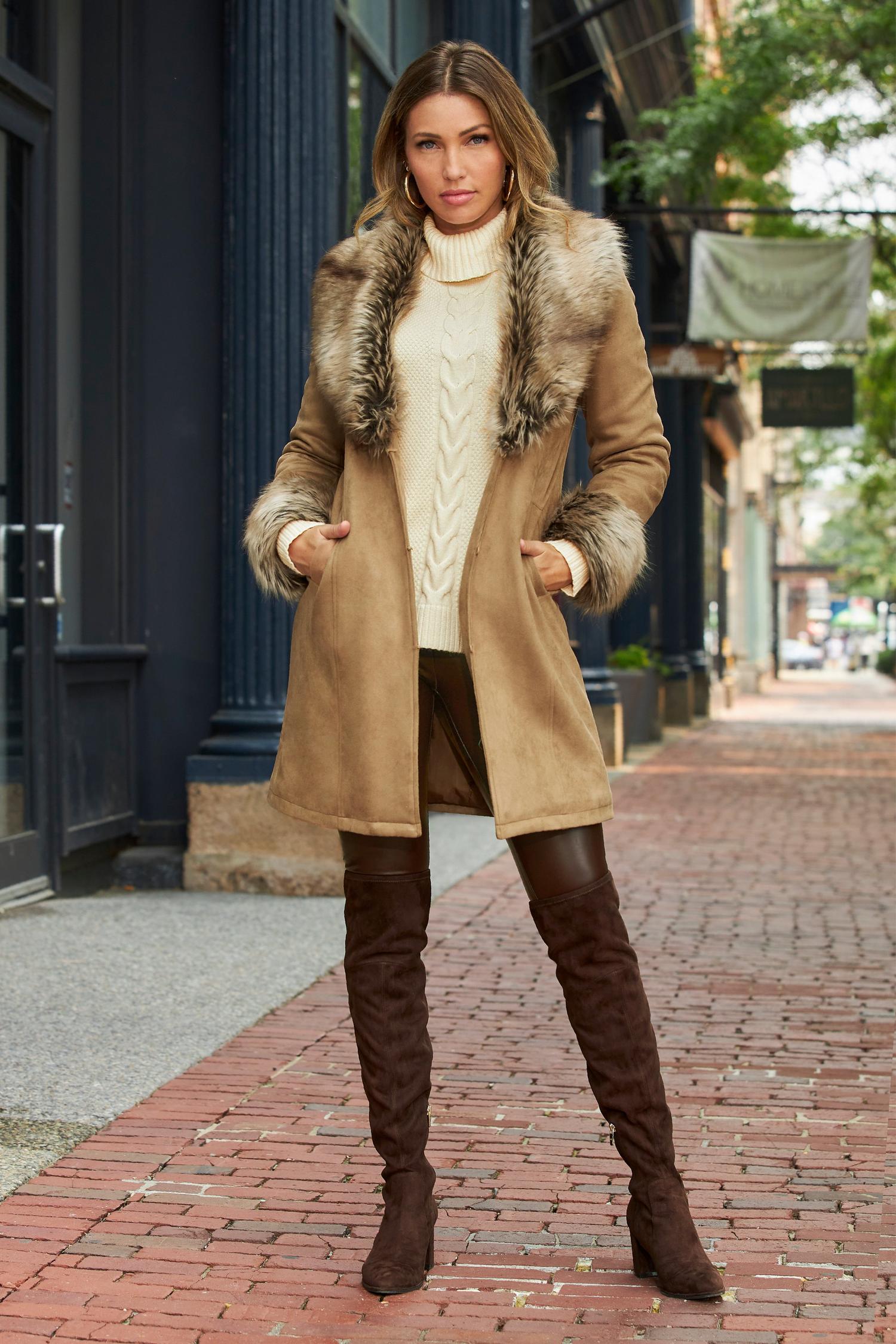 Faux Fur Trim Suedette Coat