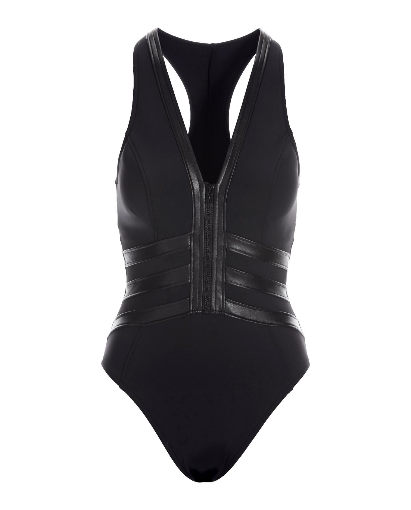 Zip Front Faux Leather One Piece Swimsuit - Black