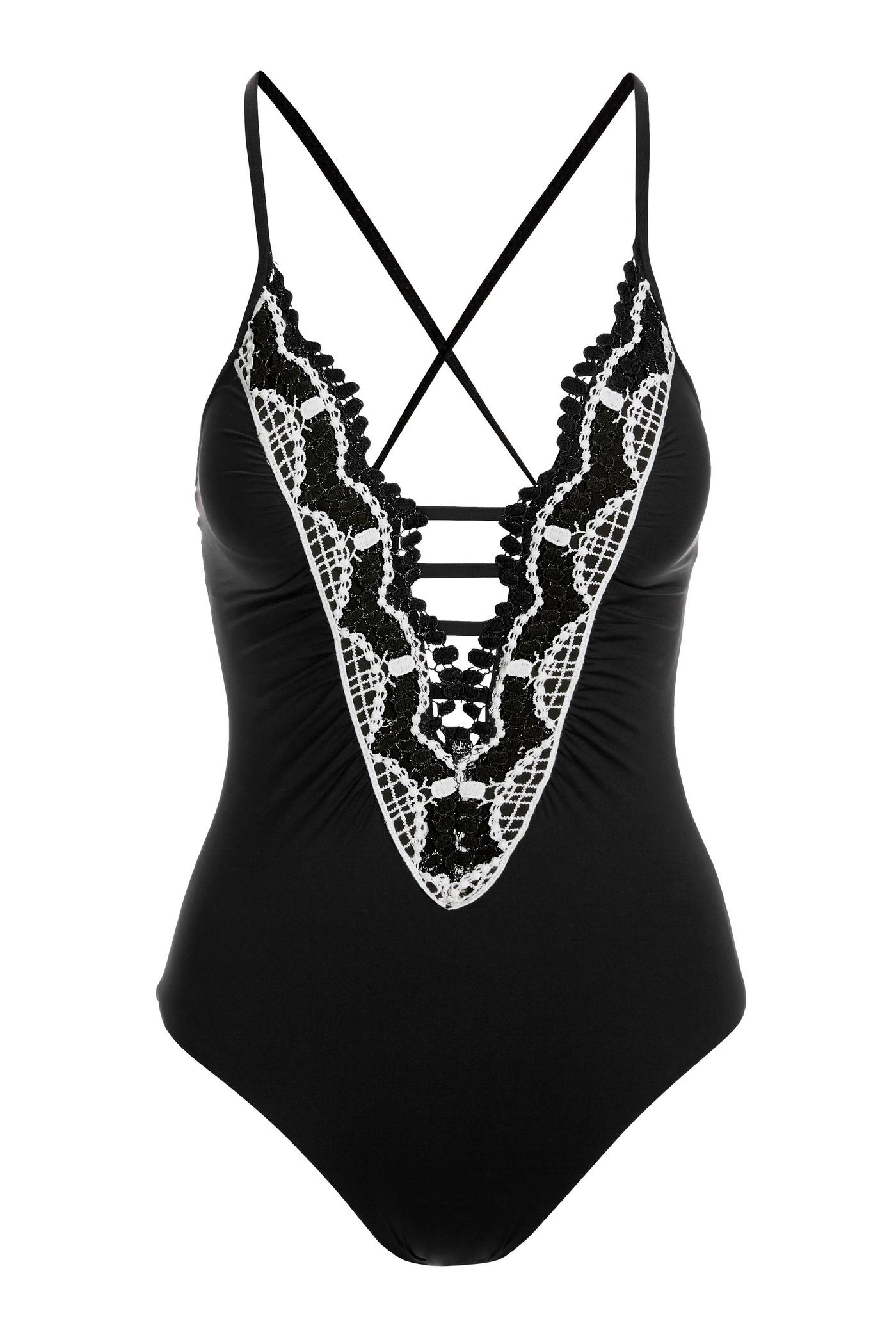 Lace Plunge One Piece Swimsuit - Black/White