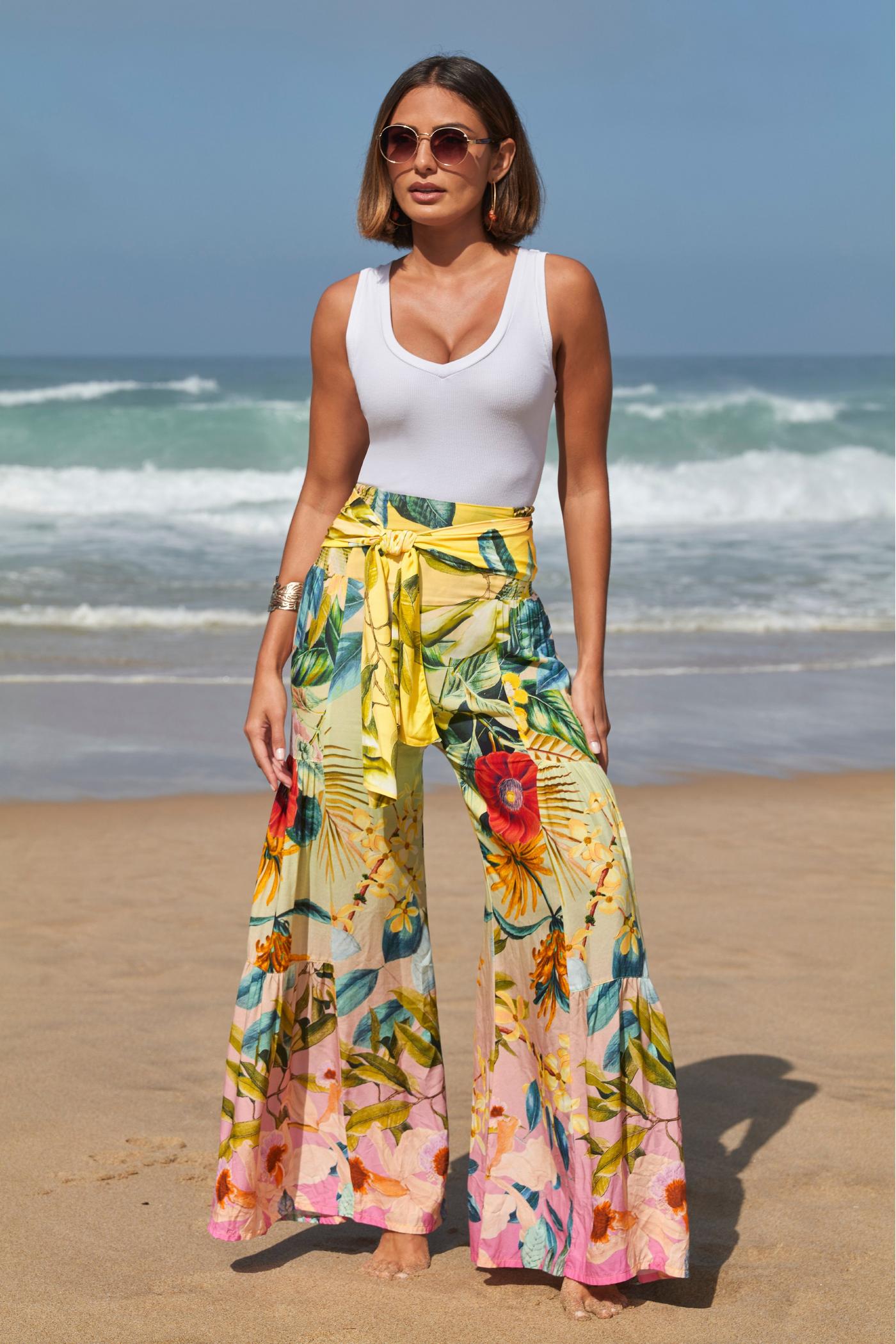 Hot Tropical Silk Viscose Wide Leg Beach Pants