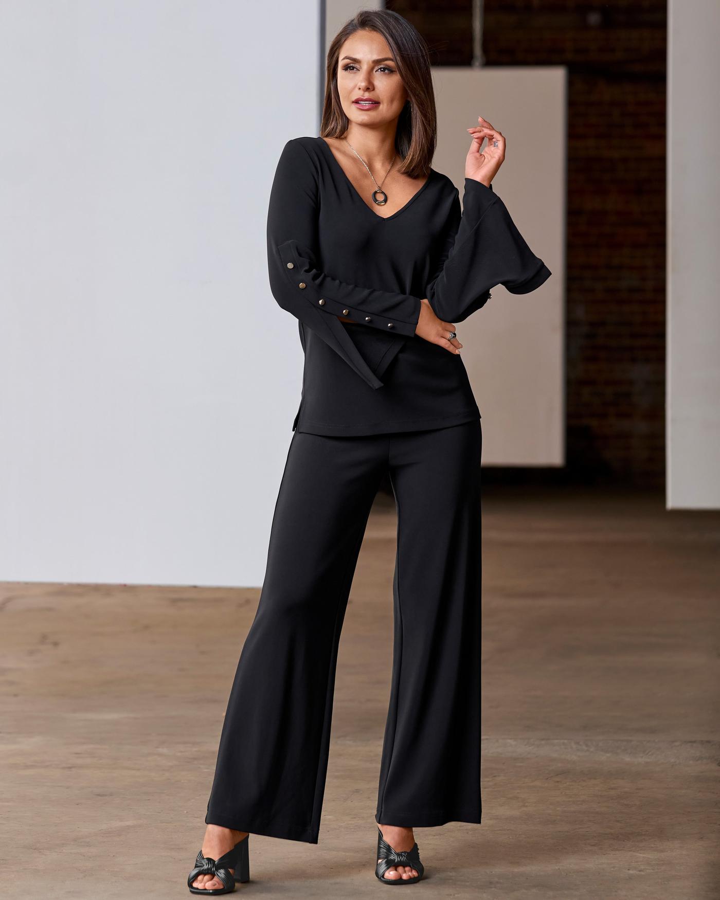 Black Linen Collared Button Up ¾ Sleeves Palazzo Pants Two Piece Set - Hot  Miami Styles