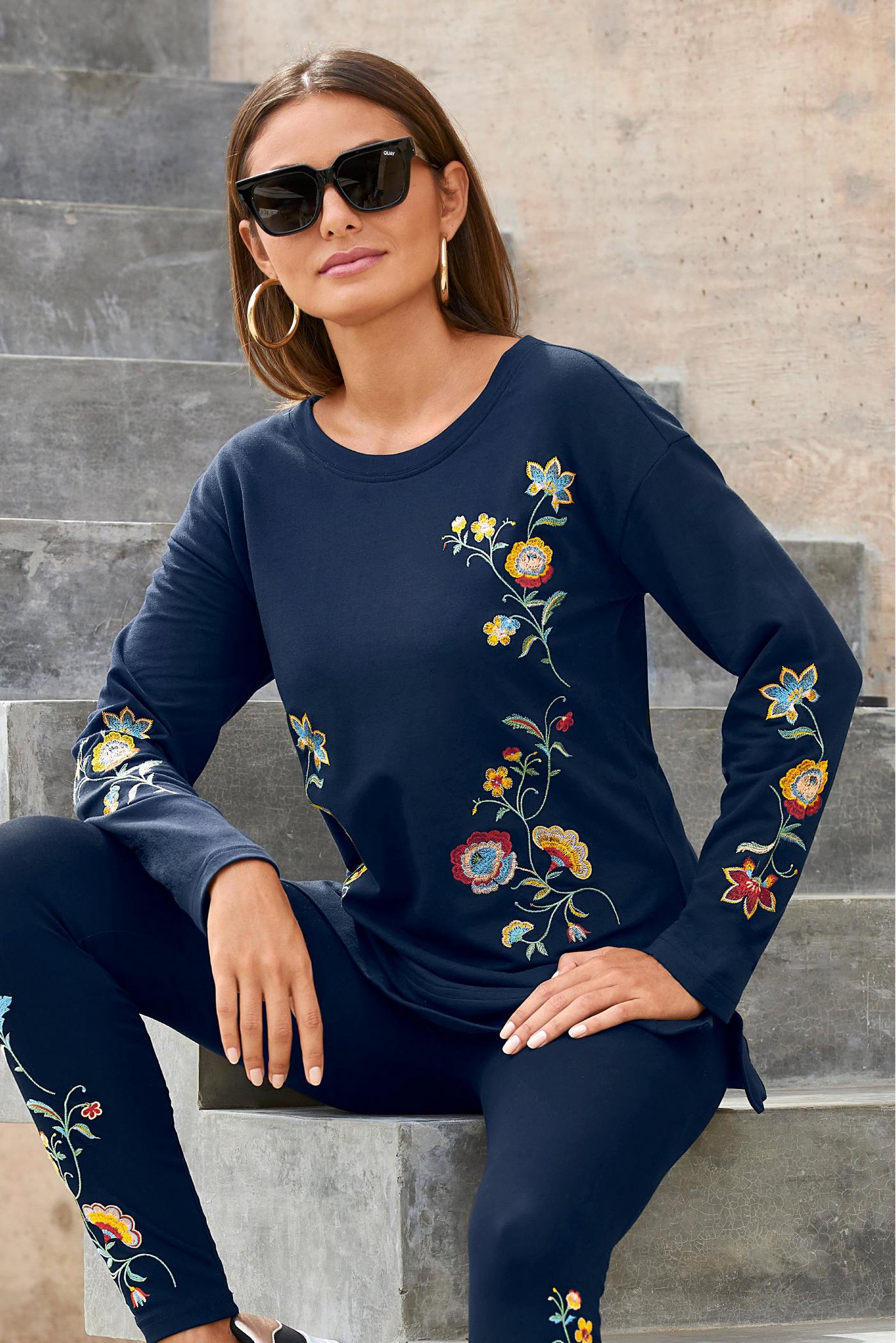 Embroidered Tunic Sweatshirt - Navy