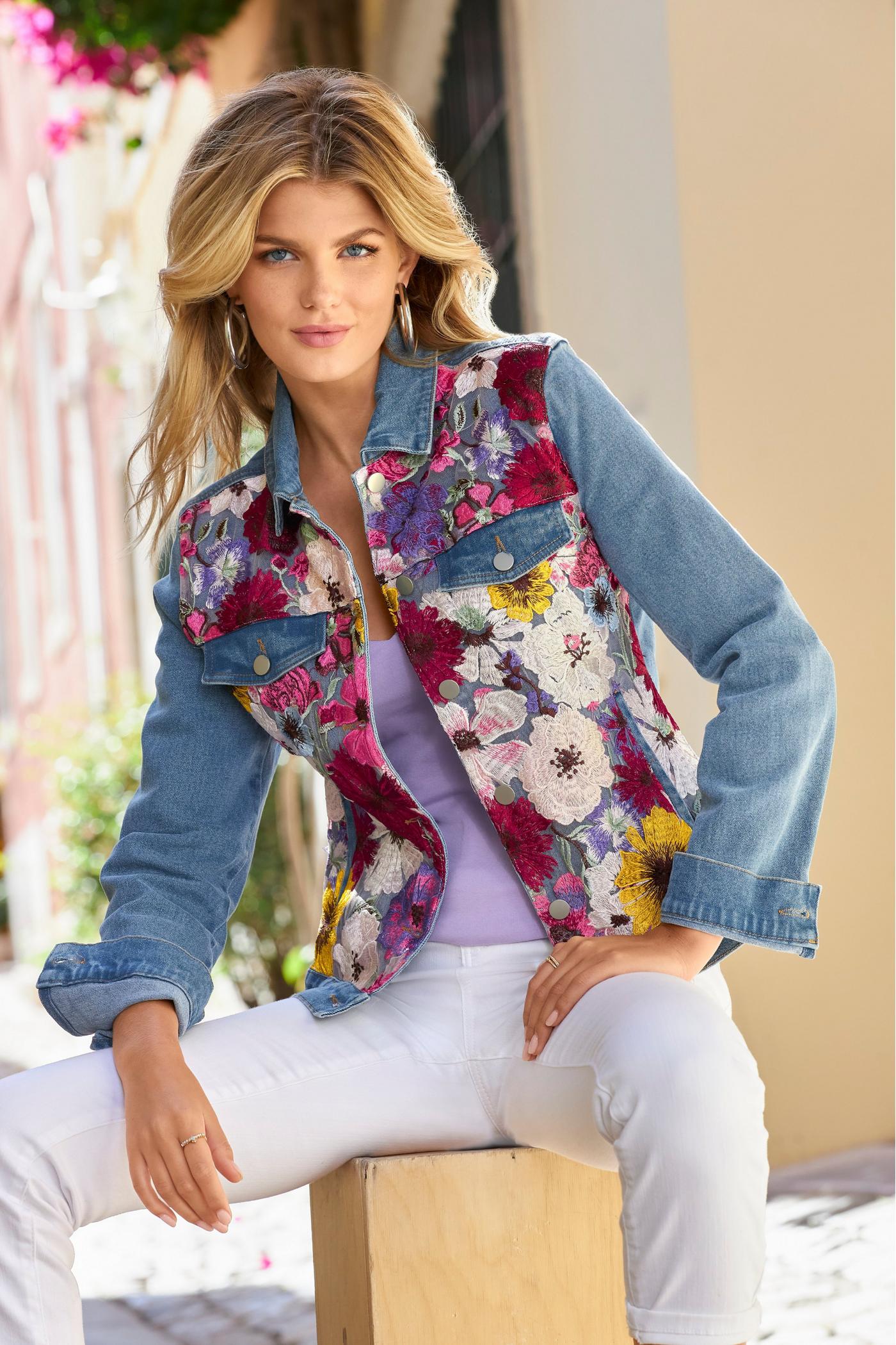 Floral Gardens Embroidered Denim Jacket Light Wash Boston Proper