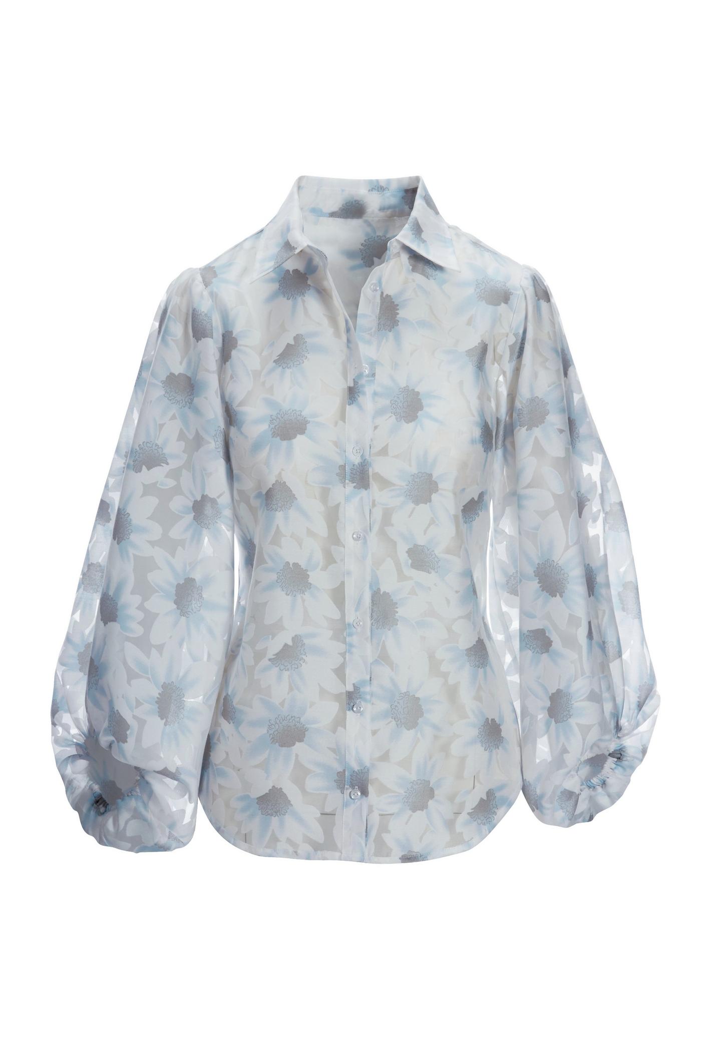 Floral Organza Burnout Balloon Sleeve Shirt Blue Multi