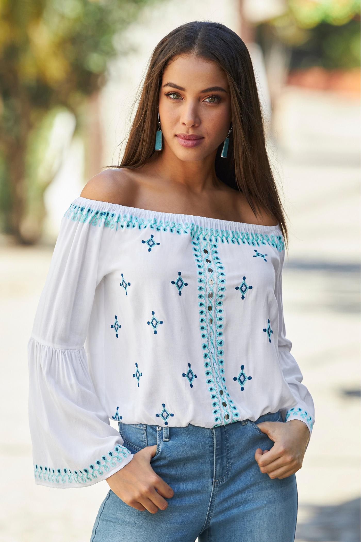 Mirror Embellished And Embroidered Off The Shoulder Top White