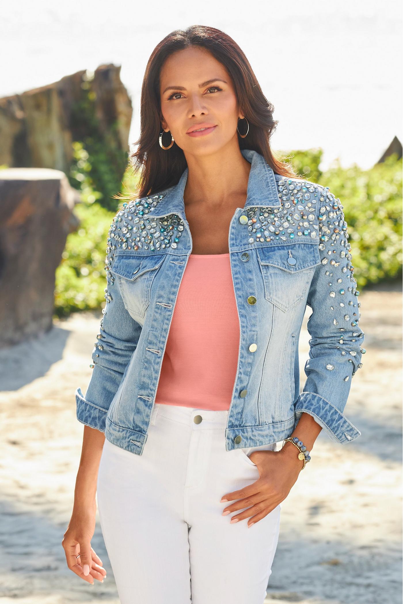 Pearl And Jewel Embellished Denim Jacket Light Wash Boston Proper