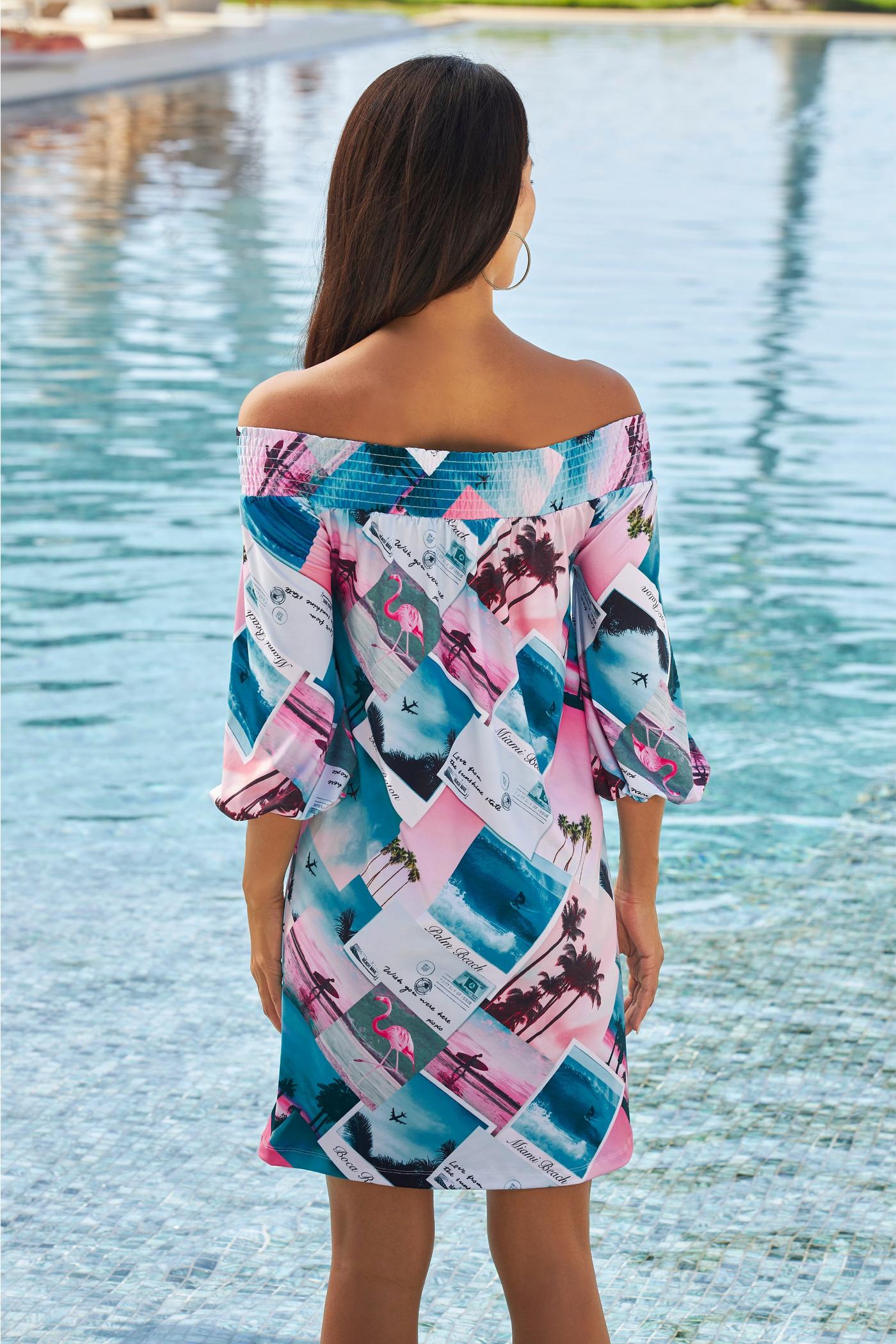 Postcard Print Off The Shoulder Dress - Multicolor