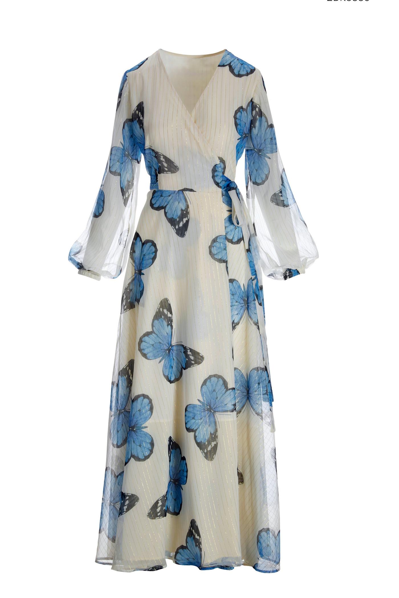 Butterfly Wings Wrap Maxi Dress - Blue/White