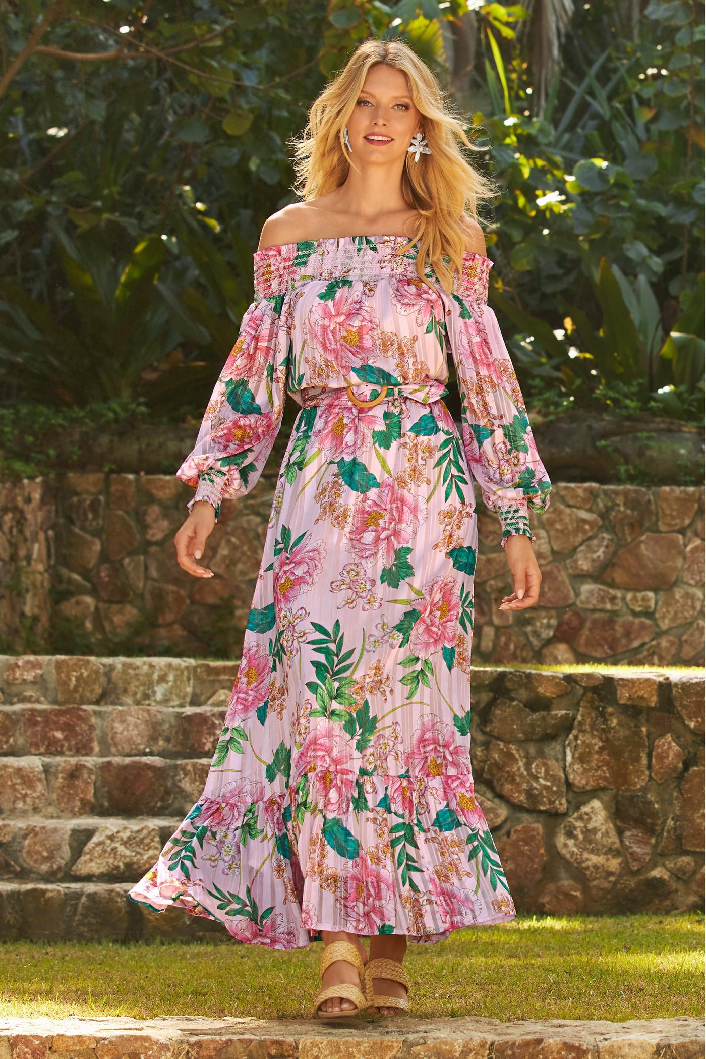 Floral Blooms Off The Shoulder Belted Maxi Dress - Pink Multicolor