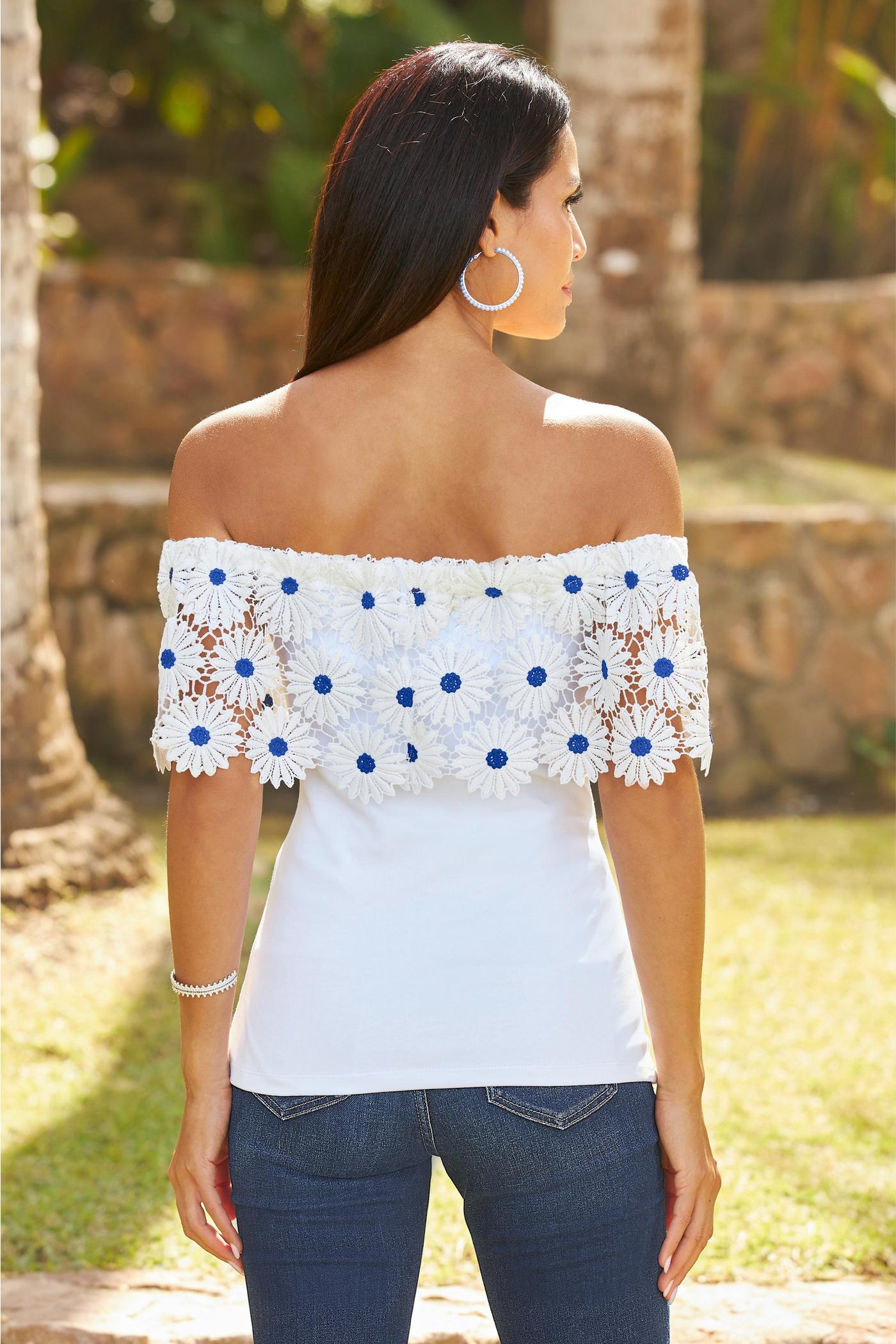 Daisy Lace Off The Shoulder Knit Top - White/Blue
