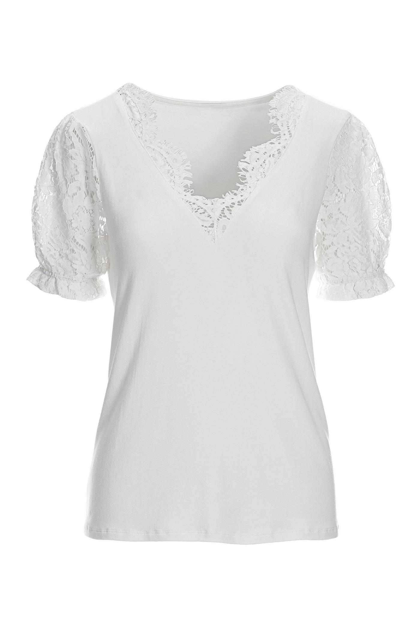 Lace Puff Sleeve V Neck Tee White – Page 2