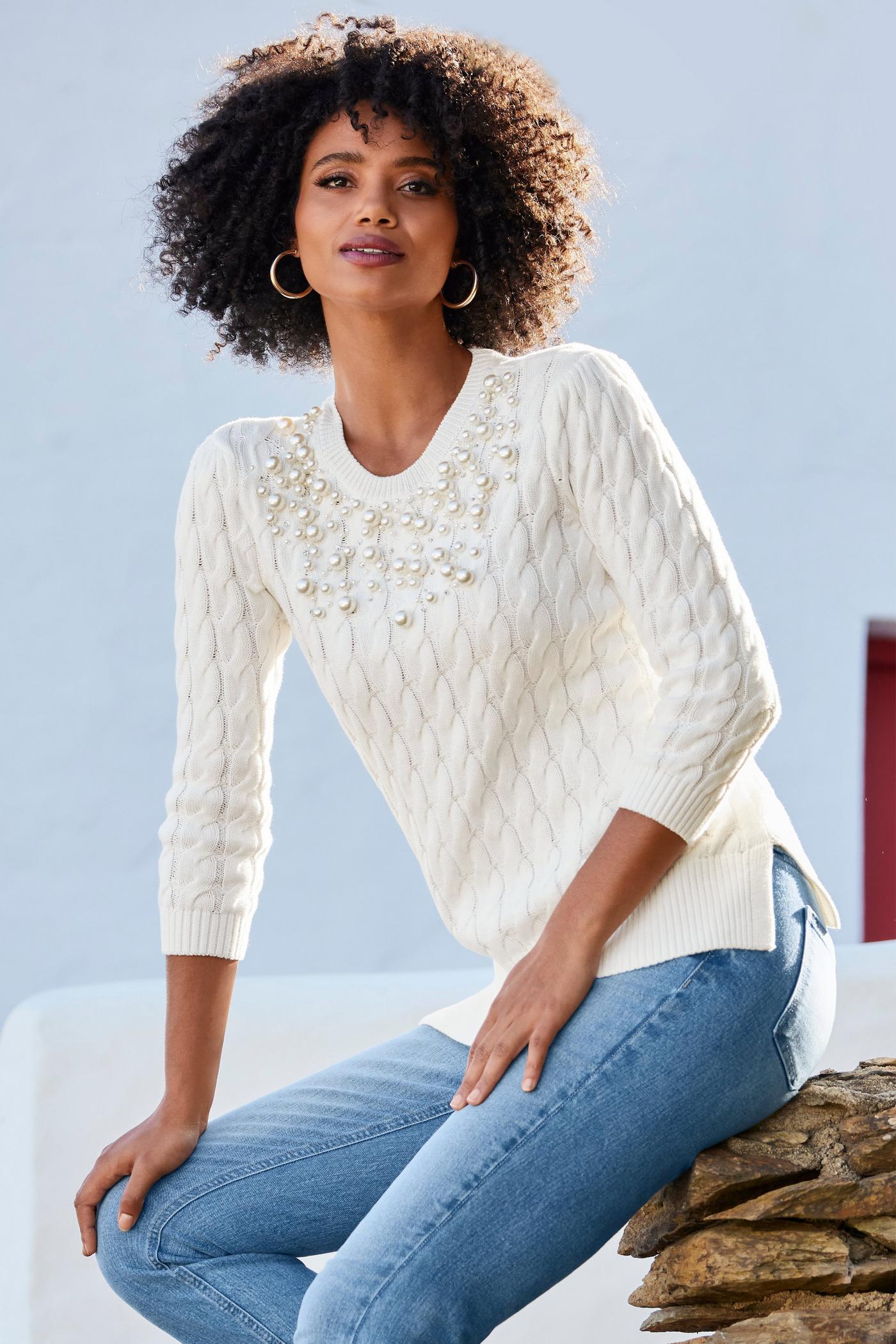 Pearl Embellished Cable Sweater - Off White | Boston Proper