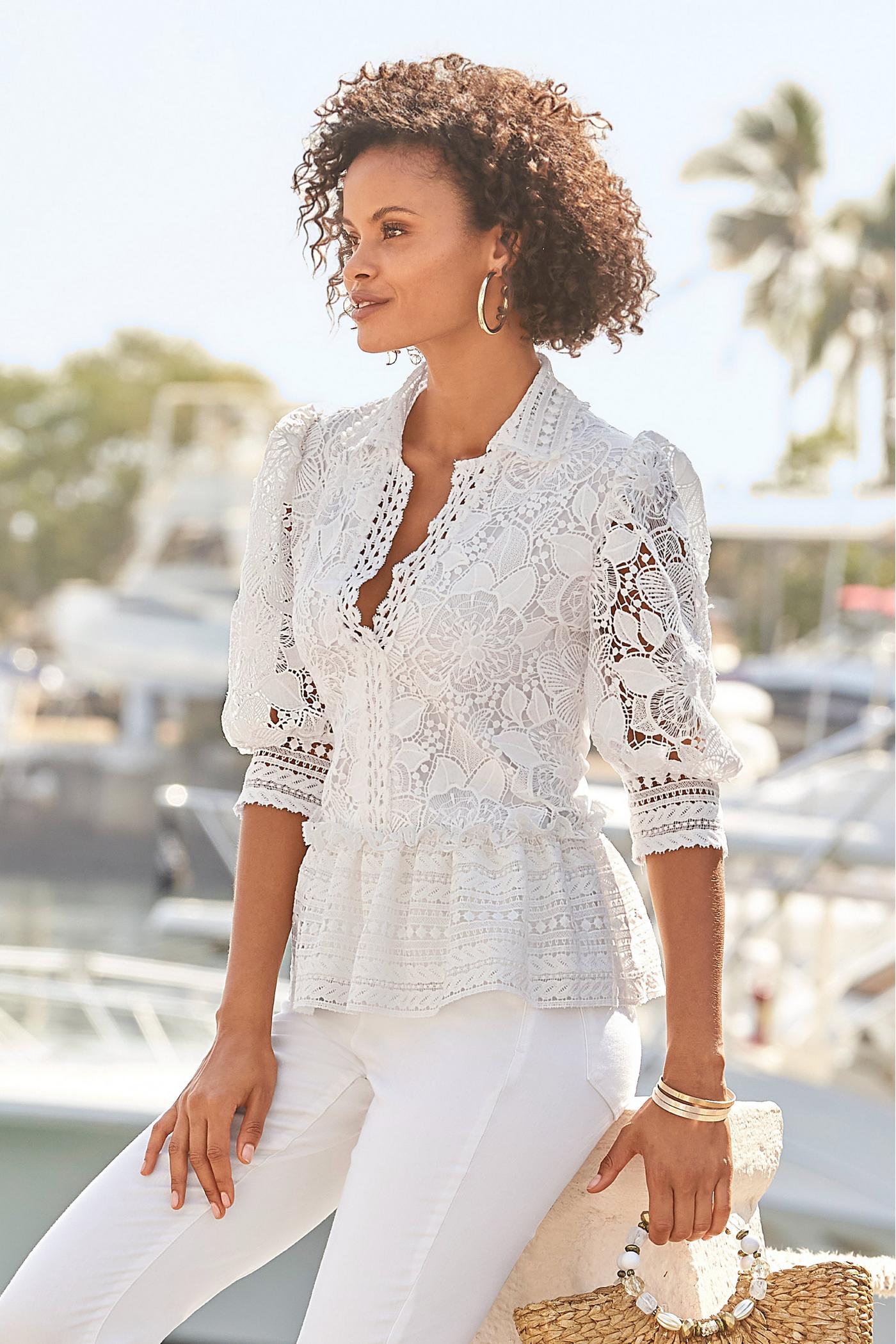 Puff Sleeve Collared Lace Peplum Blouse White Boston Proper