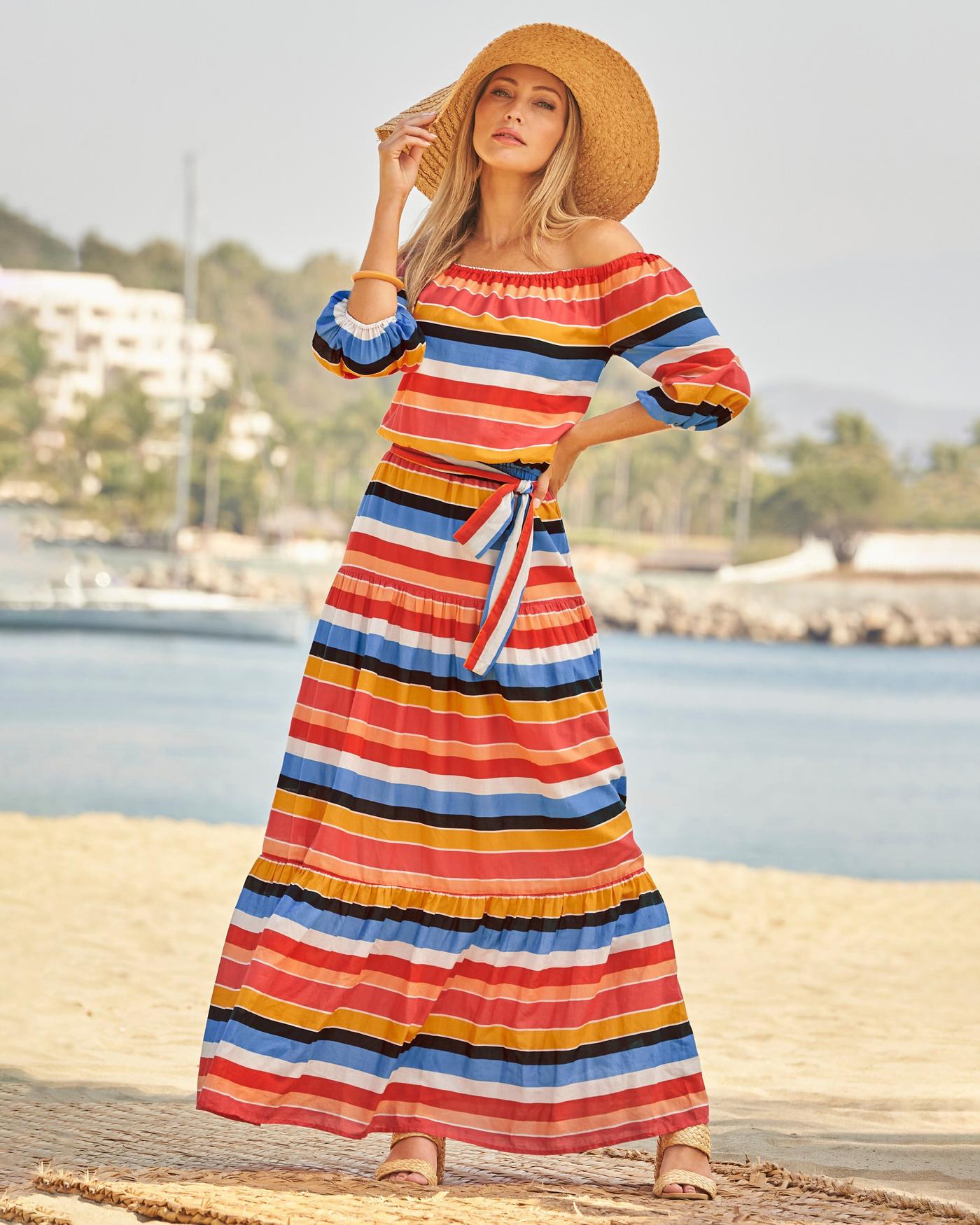 Striped off the shoulder maxi clearance dress