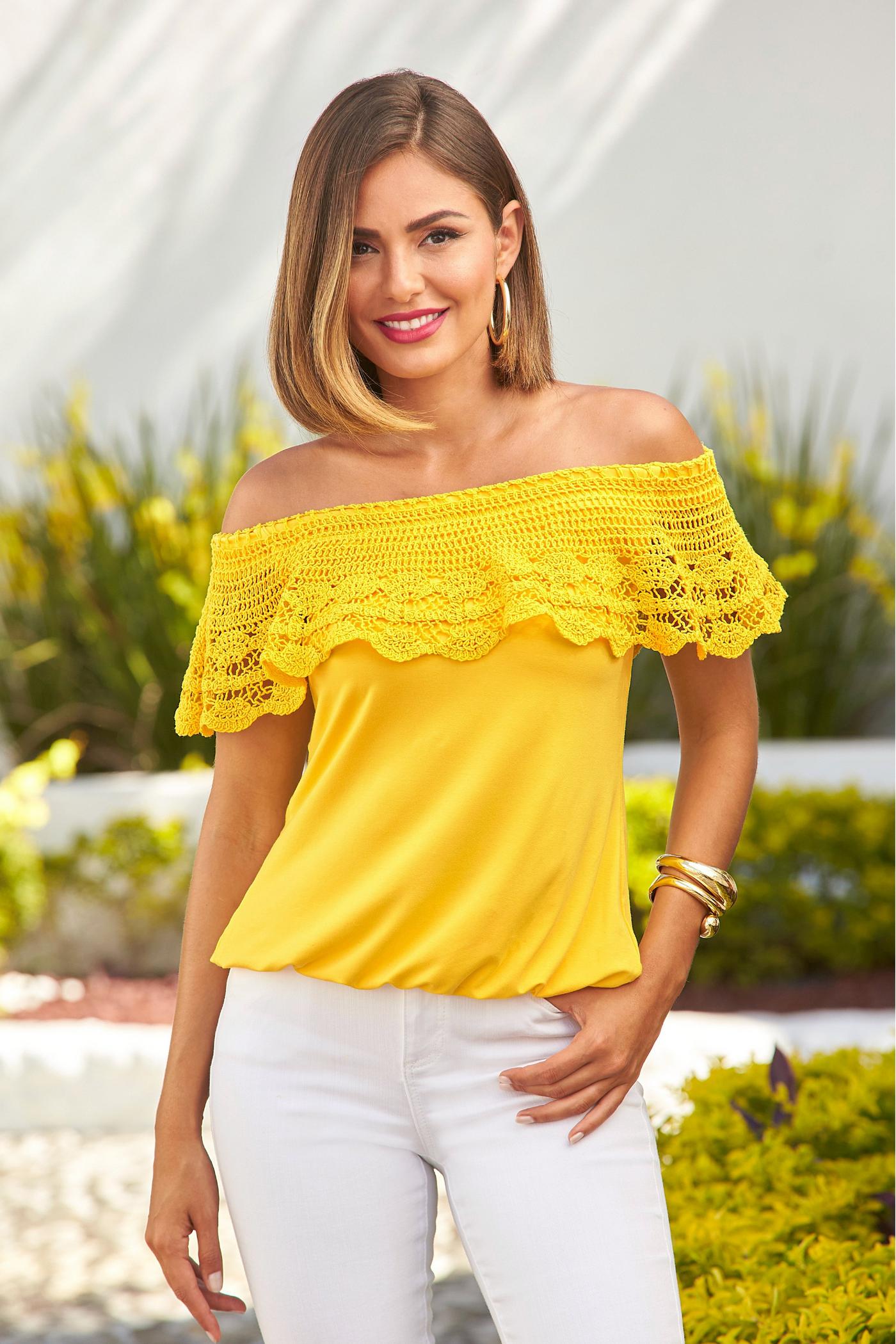 Crochet Overlay Off The Shoulder Knit Top - Lemon Drop | Boston Proper