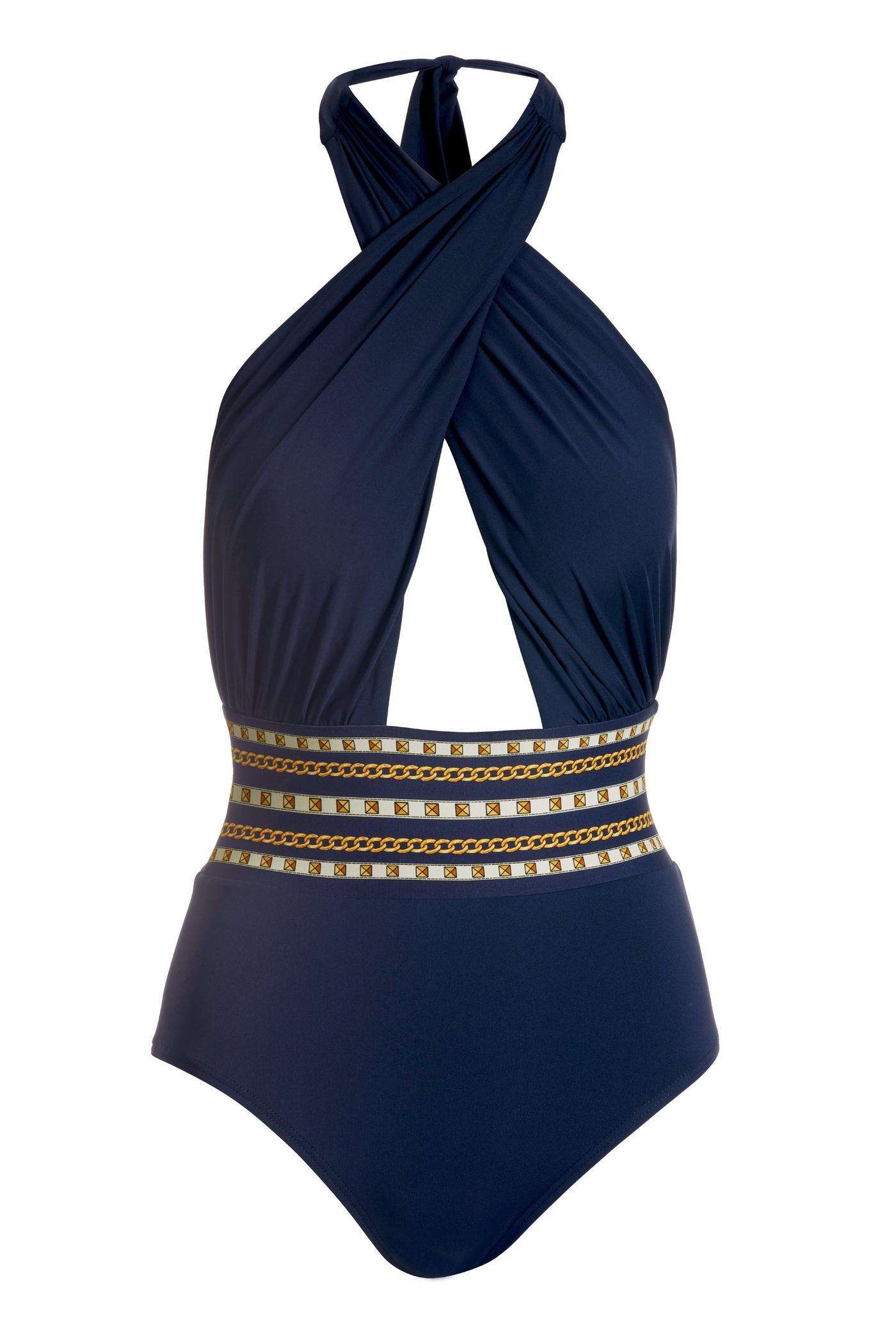 Cross Front Halter One Piece Swimsuit - Navy