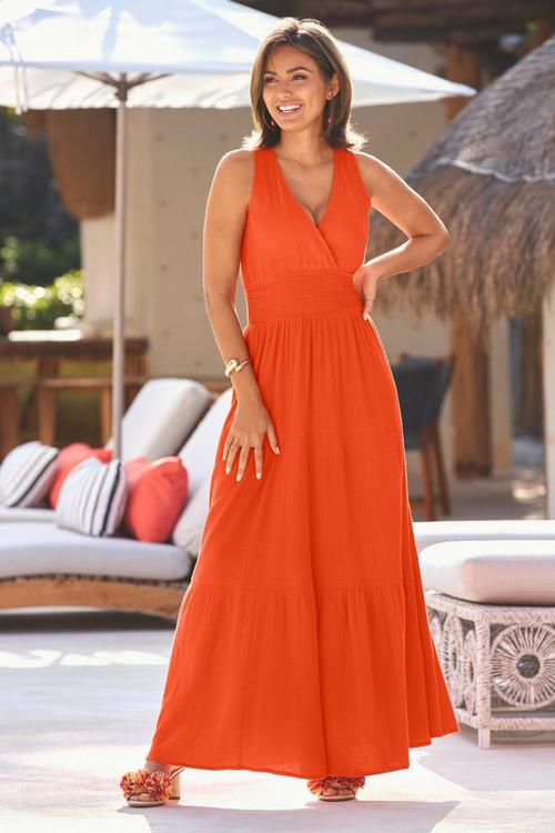 V Neck Smocked Maxi Dress - Red | Boston Proper