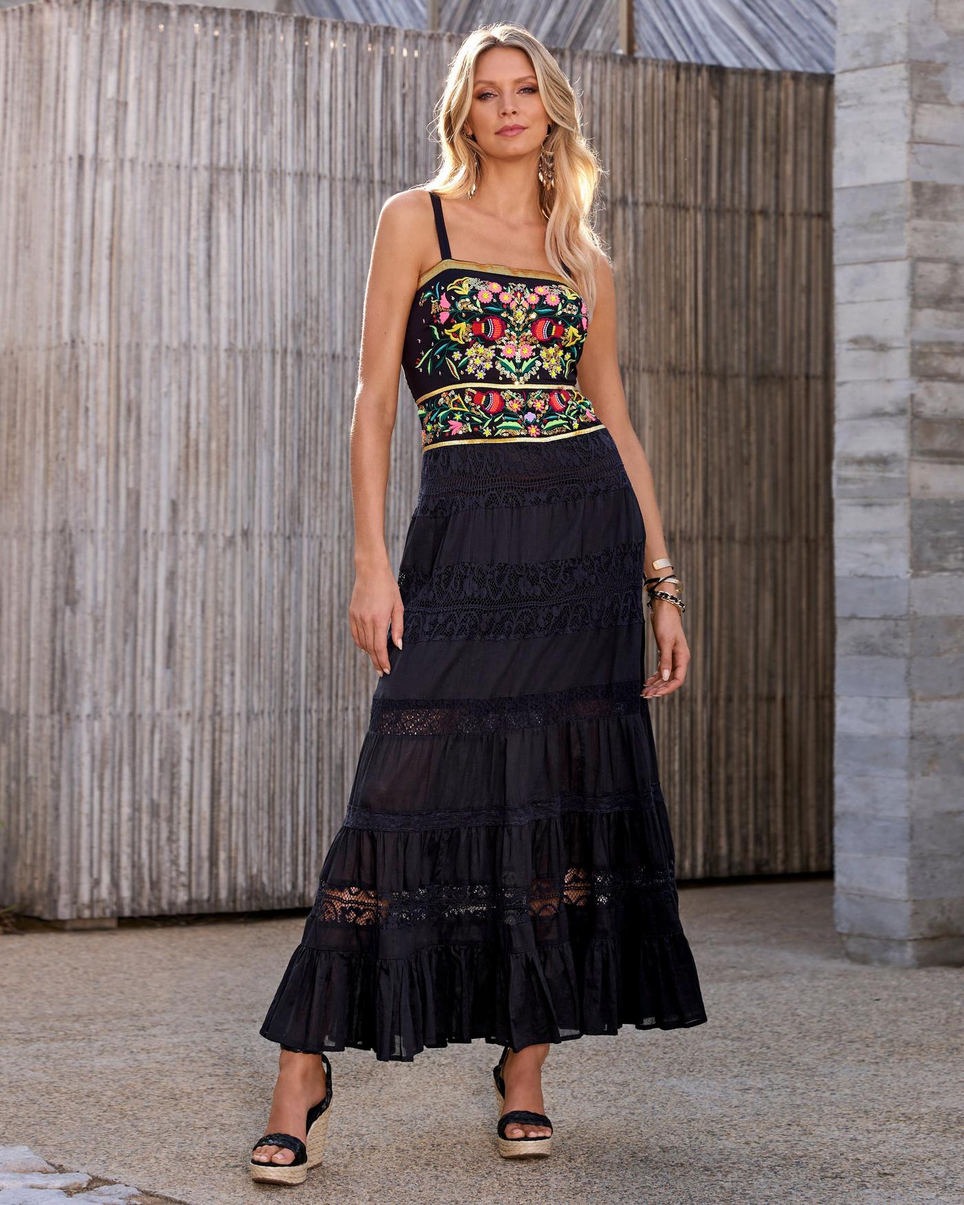 Sequin And Embroidered Lace Inset Maxi Dress Black Multi