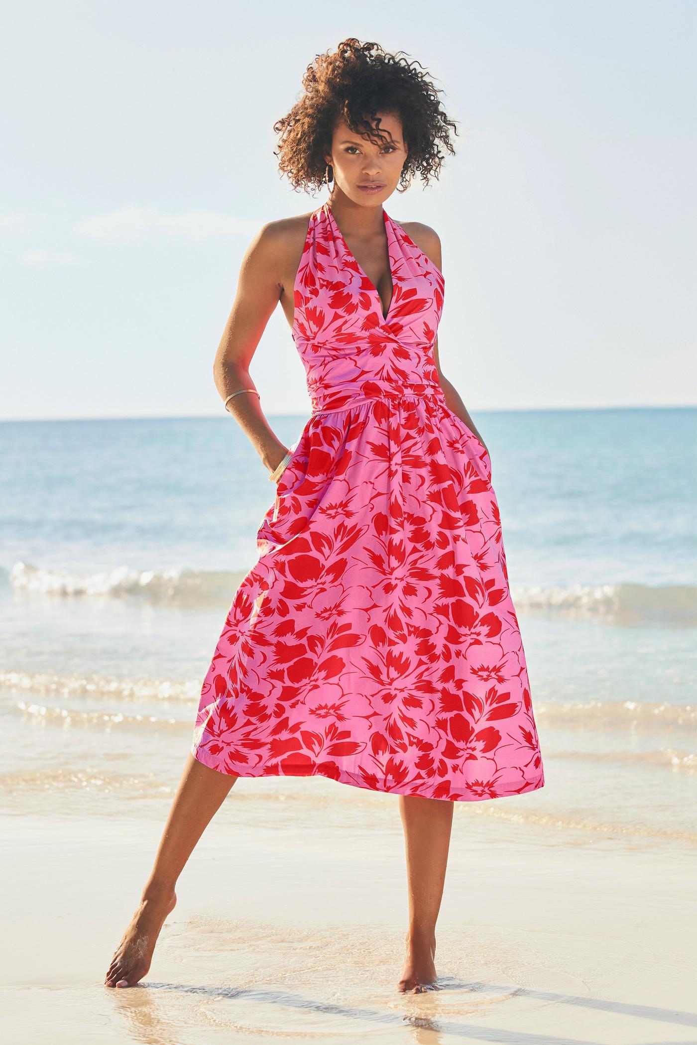 Pink floral halter outlet dress